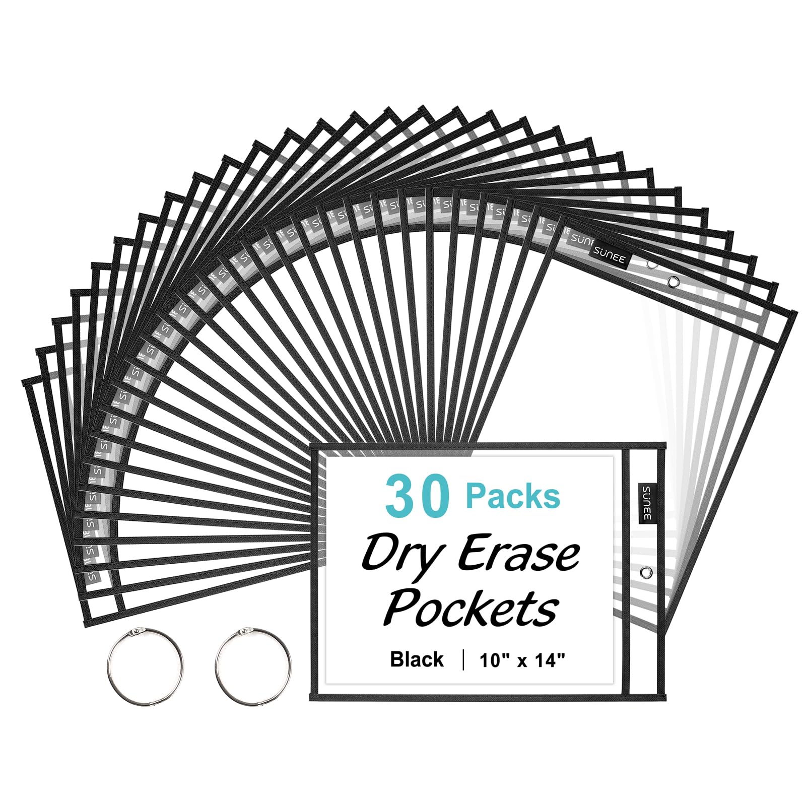 SUNEE 30 Packs Oversized Reusable Dry Erase Pocket Sleeves with 2 Rings, Black 10x14 Ticket Holders, Clear Plastic Sheet Protectors, Teacher School Classroom Supplies
