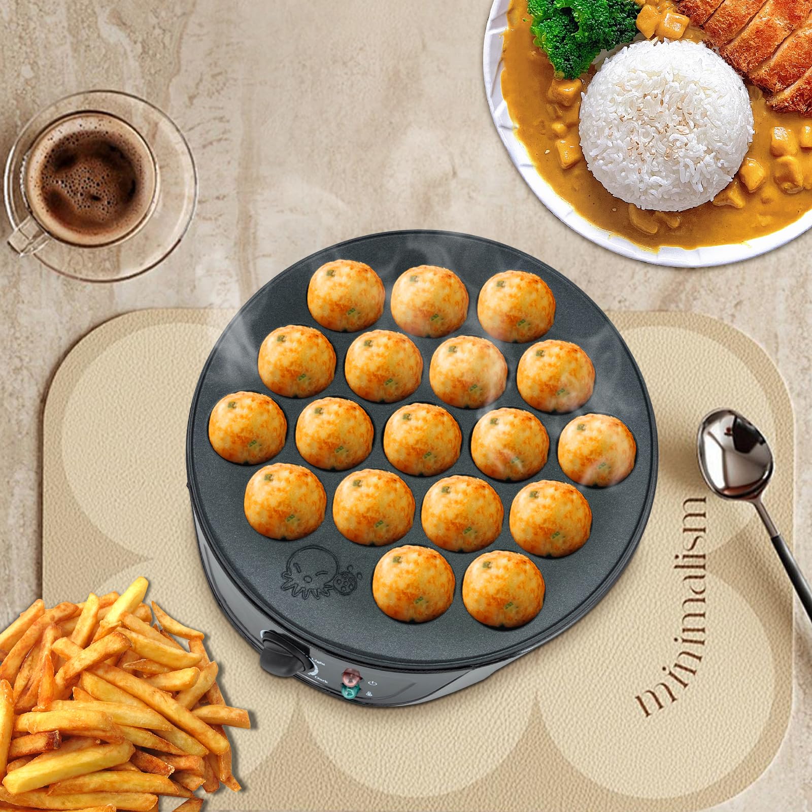 750W Takoyaki Maker Elettrico 18 Fori Antiaderente Nero Bistecchiera Poffertjes