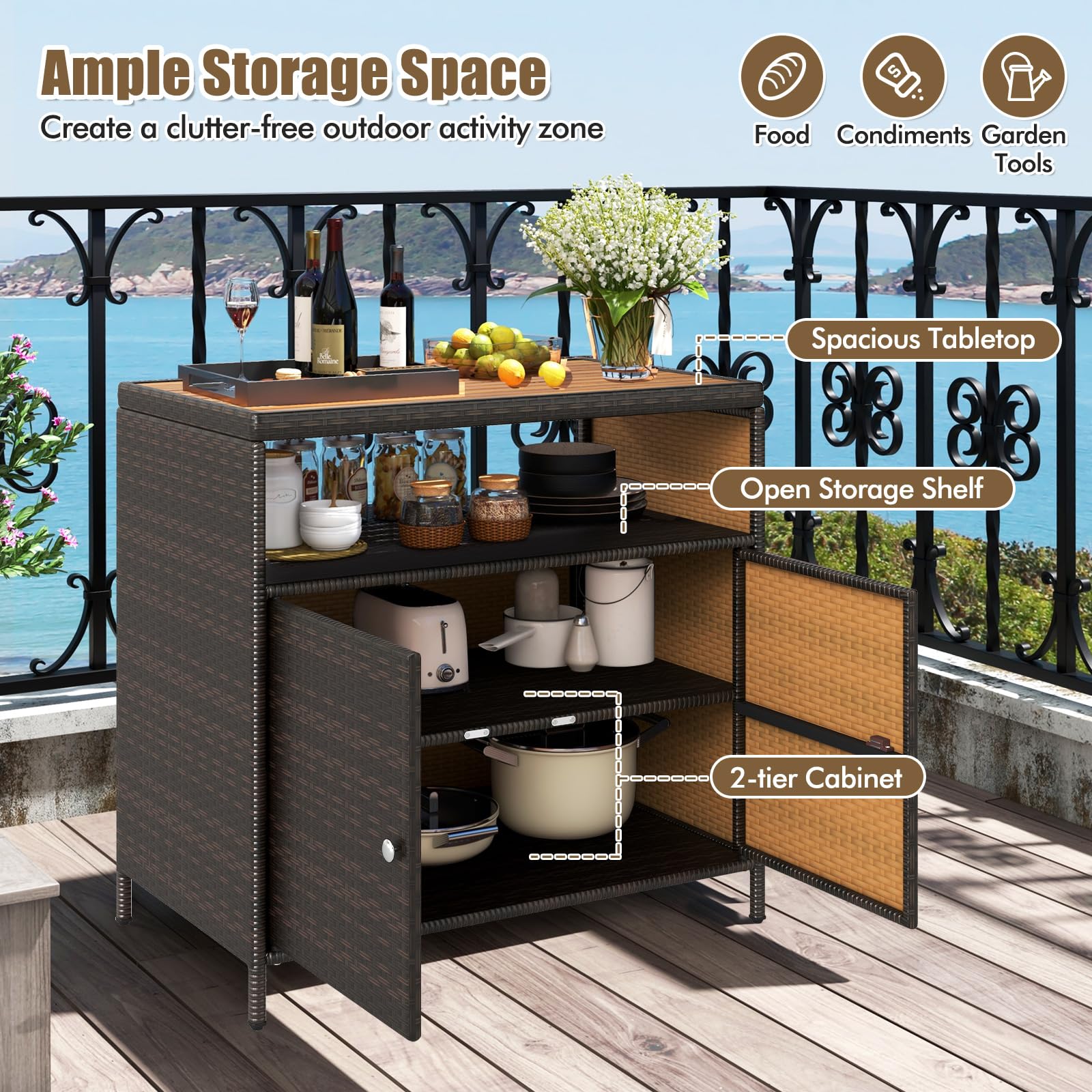LIFEZEAL Gartenschrank Rattan, Aufbewahrungsschrank mit Akazienholzoberfläche, 90 x 53 x 86 cm, Braun