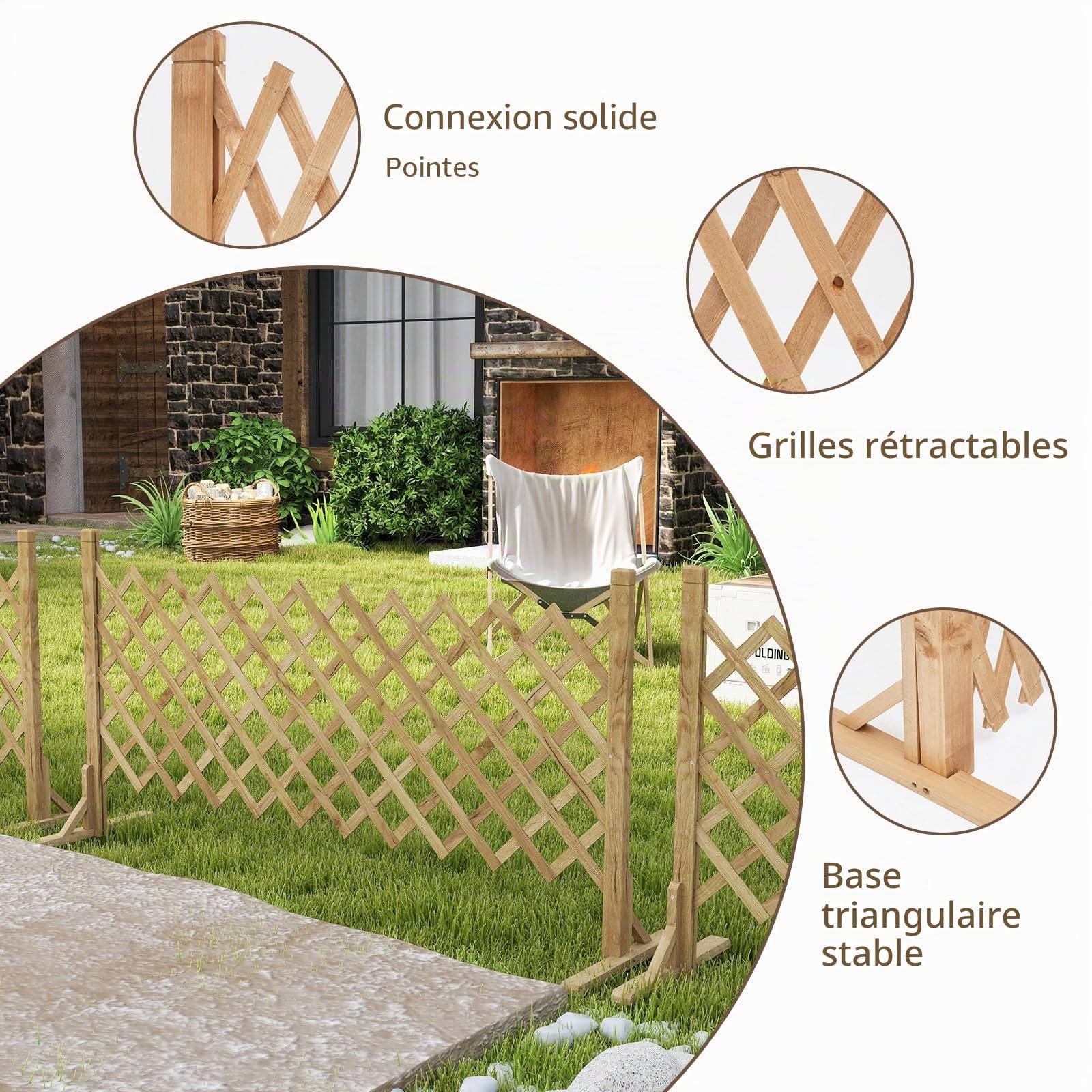 Nisorpa Lot de 2 clôtures extensibles en bois massif - Treillis extensible sur pied - Longueur réglable de 34 à 160 cm - Clôture rétractable pour intérieur et extérieur - Clôture de jardin extensible