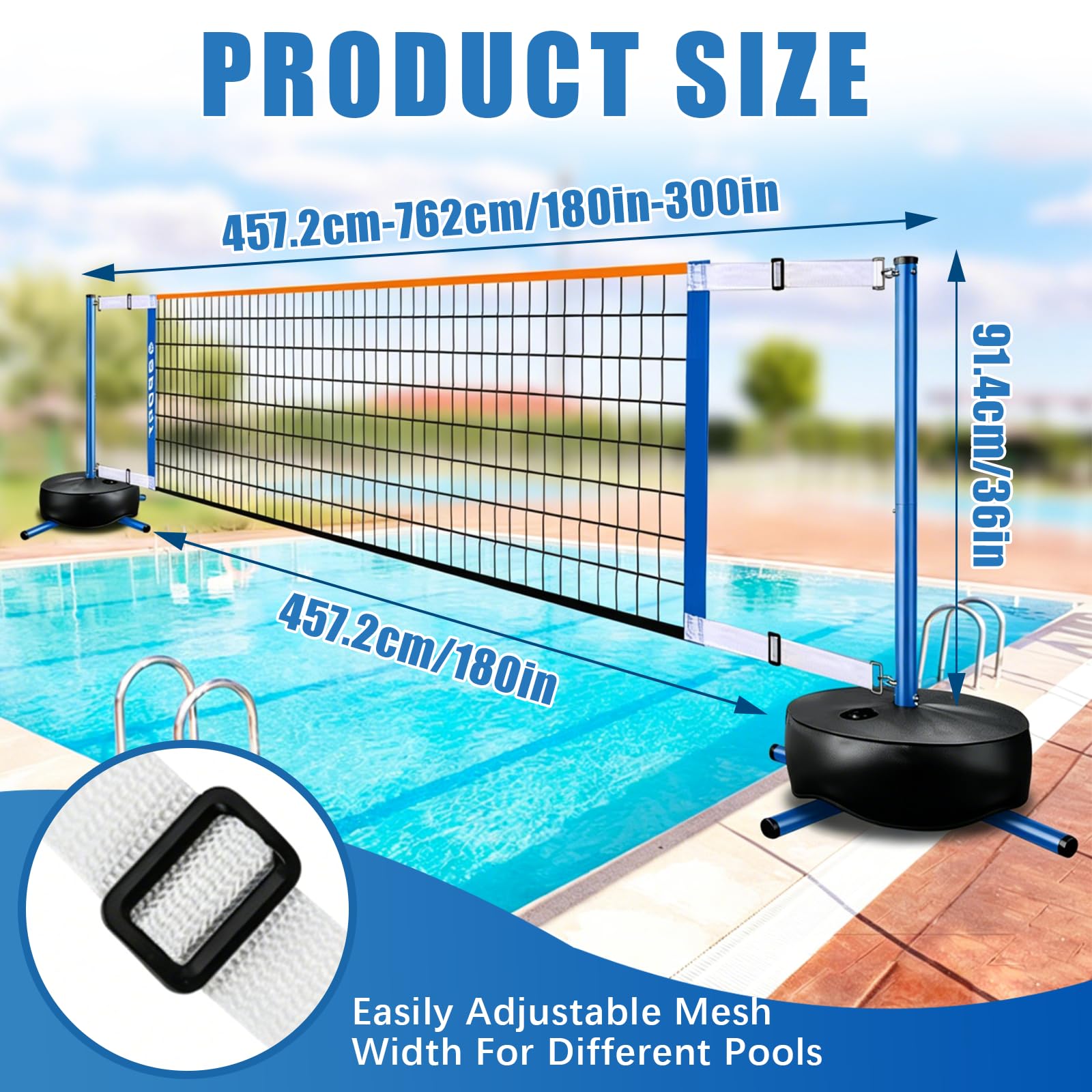 Ensemble De Volleyball Aquatique, Filet Portable pour Adultes avec Sac à Eau De 20l Et Pompe à Air pour des Parties De Piscine Estivales Longueur RéGlable De 4,5 à 7,6 M