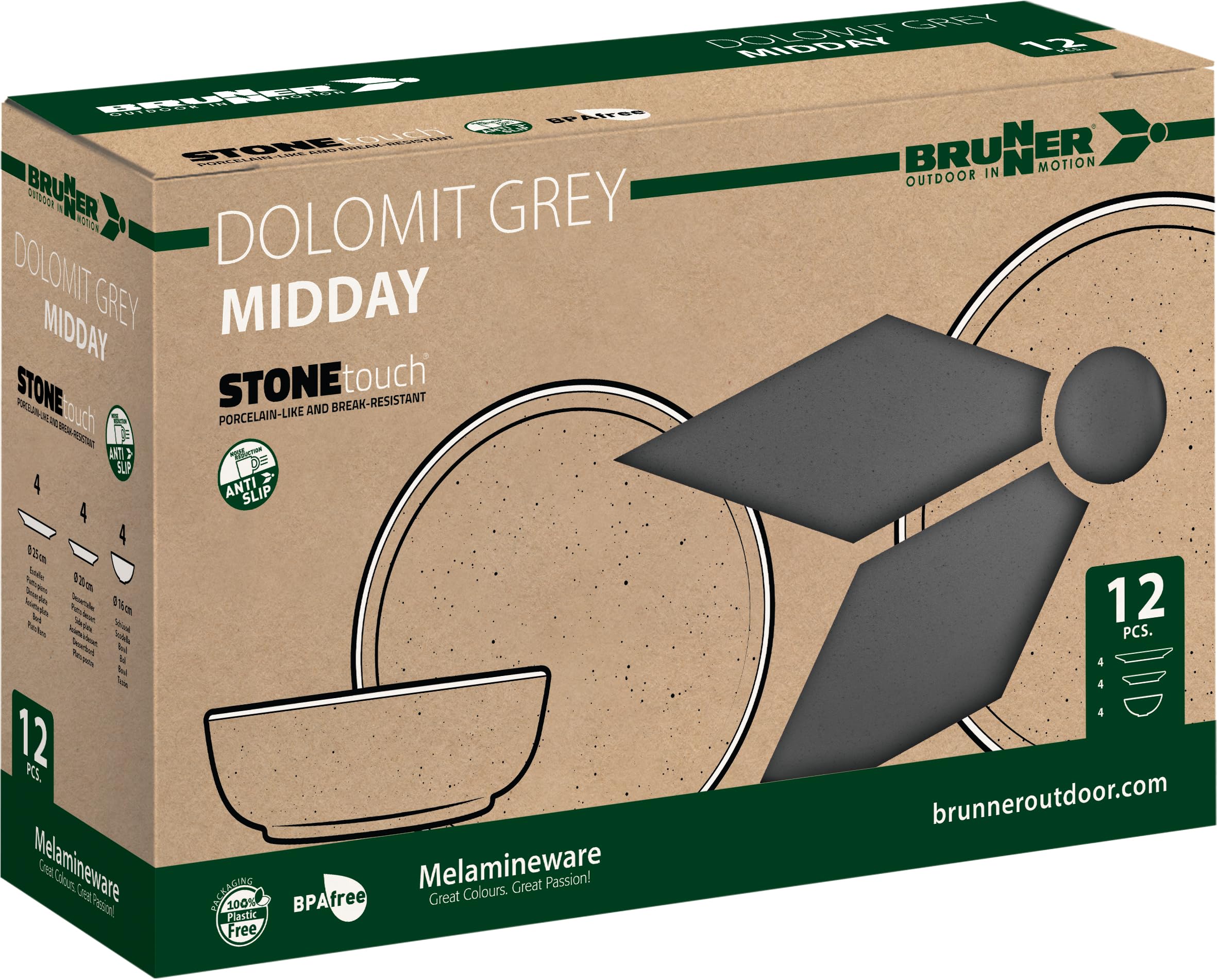Brunner Dolomit Melamine zestaw obiadowy na kemping, antypoślizgowa zastawa stołowa, lekkie, odporne na pękanie, talerze, miski i kubki, do przyczepy kempingowej, na piknik i kemping, do jadalni