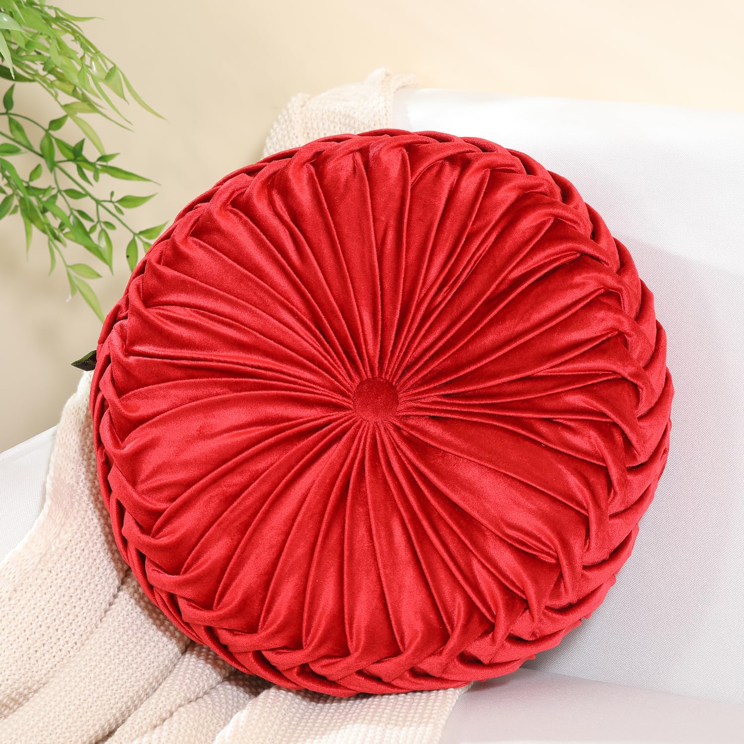 Sioloc Round Pillow Velvet Throw Pillows,Seating Cushion Home Decoration Pleated Floor Pillow Cushion for Couch Chair(Burgundy,15.7'')