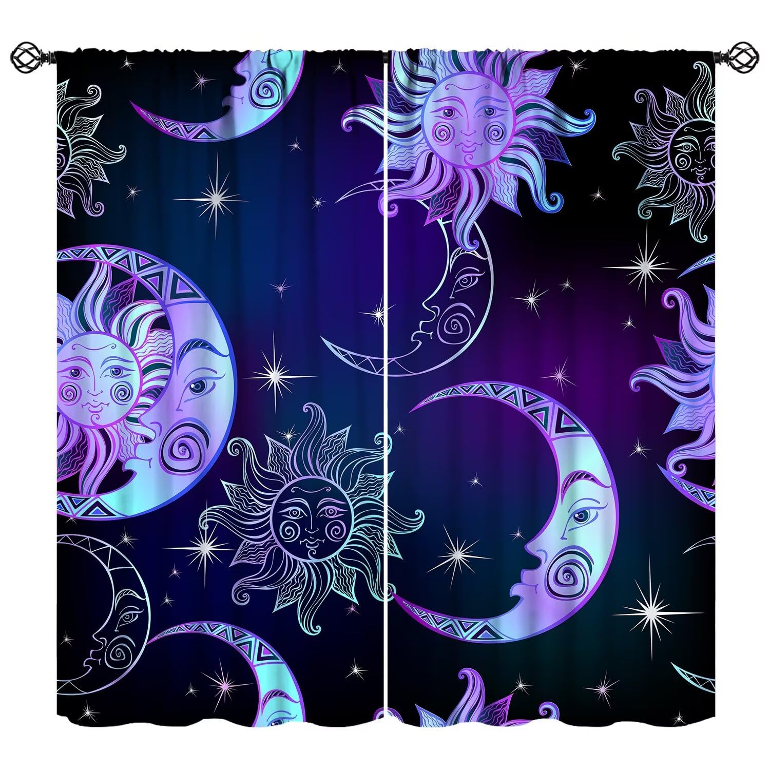 SENQIAN Fantasy Sun and Moon Curtains Boho Purple Black Stars Galaxy Rod Pocket Blackout Window Treatment Drapes for Bedroom Living Room Home Décor