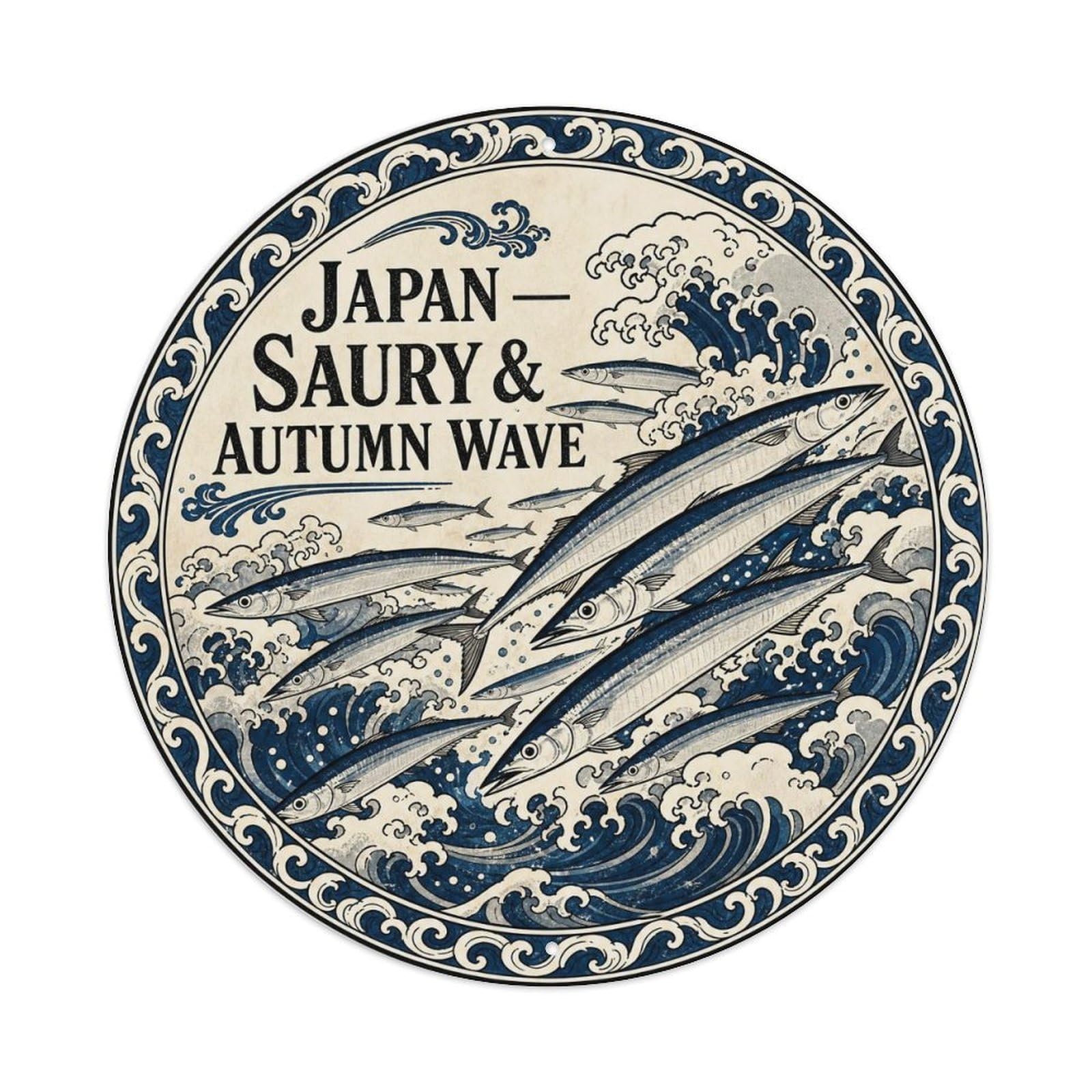 Olyhtr 8X8inch Classic Style Edo Japan Saury Wave Ceramic Folk Pattern Metal Tin Sign