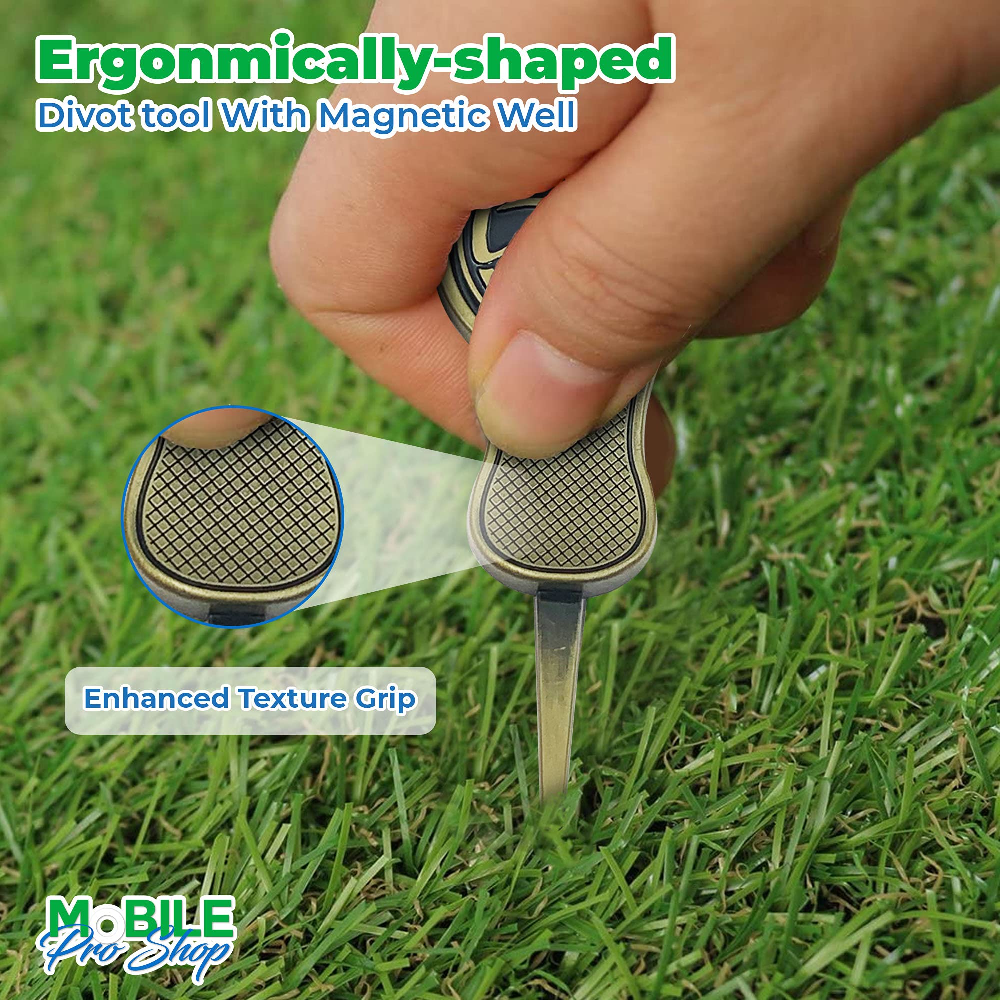 Mobile Pro Shop Single Prong Divot Repair Tool - Divot Tool with Removable Magnetic Ball Marker – Compact & Lightweight Golf Divot Fixer (Brass)