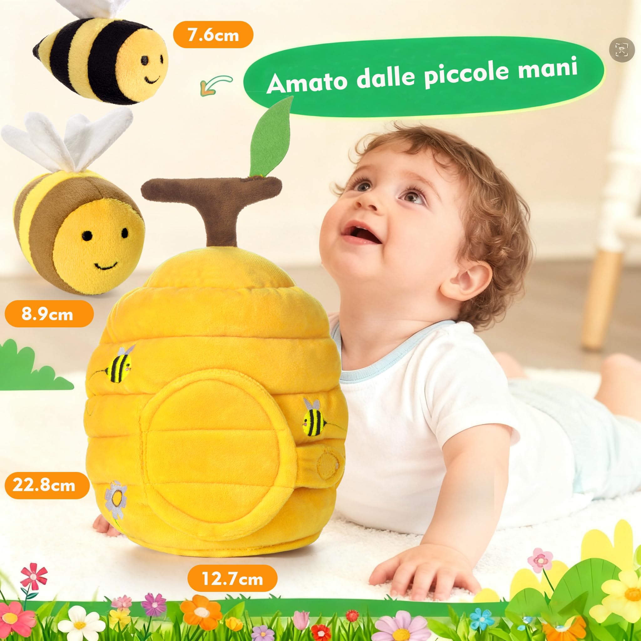 Loyzico Giochi Neonato 6-12 Mesi Alveare con 5 Api Sensoriali, Montessori Giochi Bambini 1 Anno, Sonaglio, Specchio -Regalo Bambina 6 9 12 18 Mesi Maschio Femmina