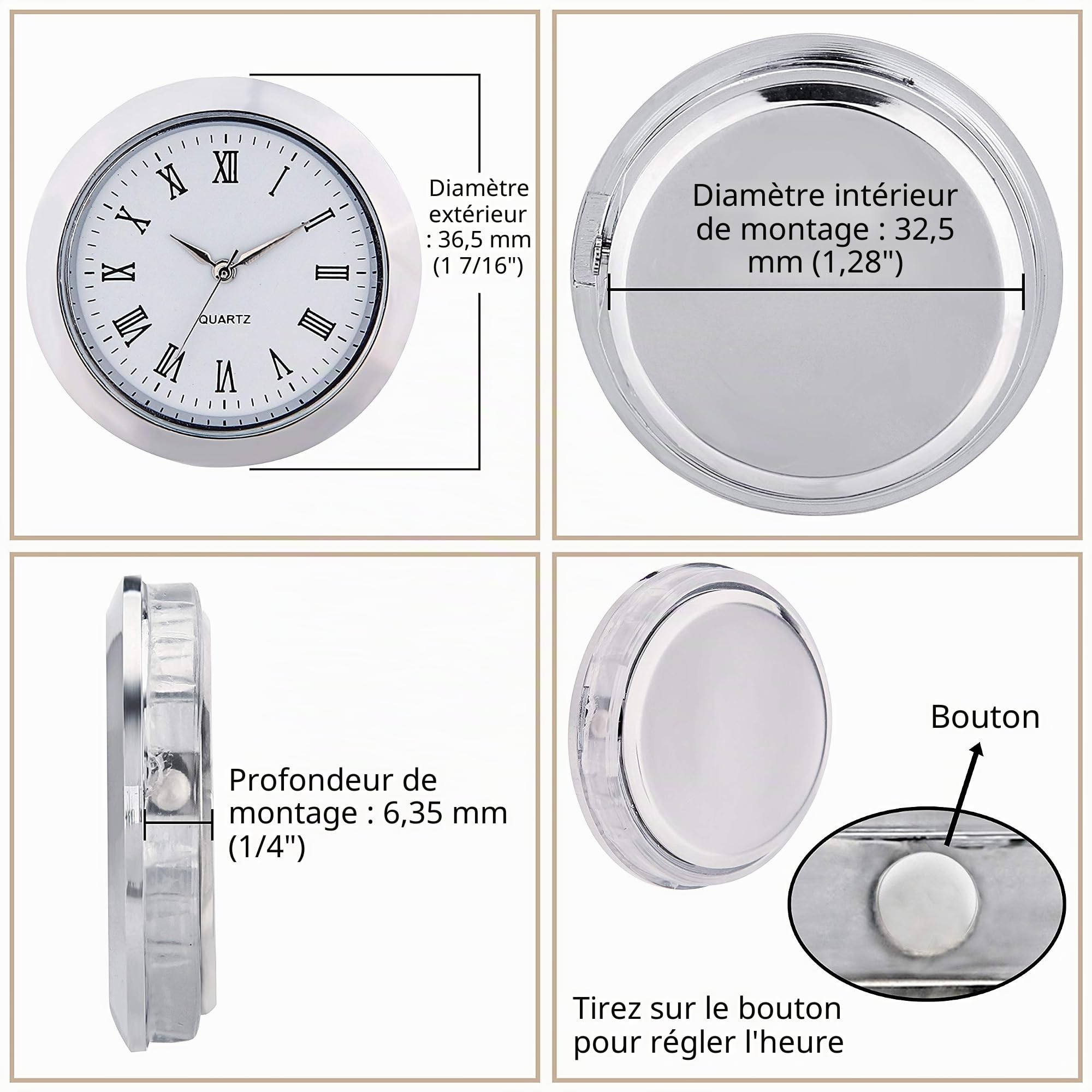 Shoppewatch Mini Horloge Insert à Mouvement à Quartz Rond 1 7/16 (35 mm) Miniature Horloge s'adapter à Cadran Blanc Argenté Cadre Chiffres Romains Ck097sl
