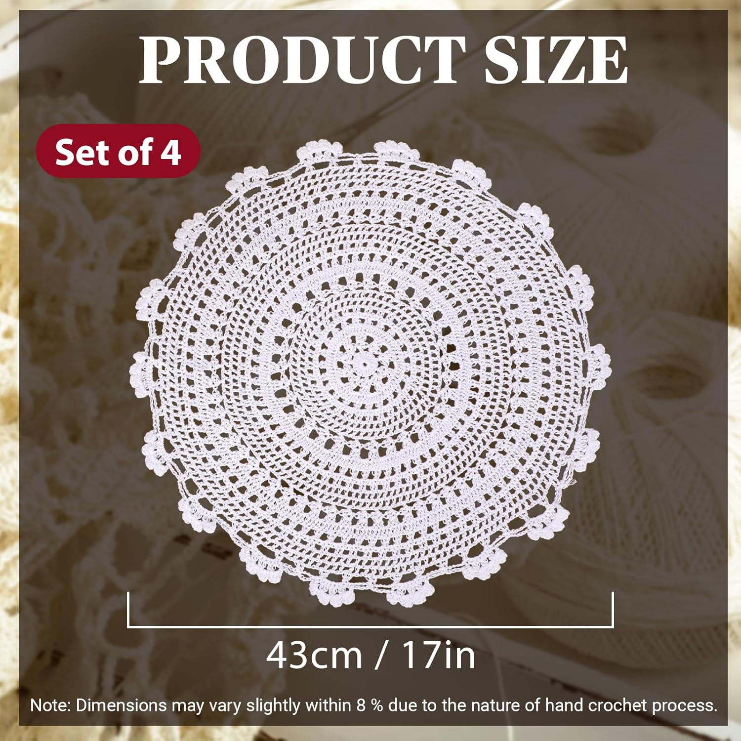 kilofly Handmade Crochet Round Cotton Lace Table Placemats Doilies Value Pack [Set of 4], Medallion, 17 x 17 inch, White