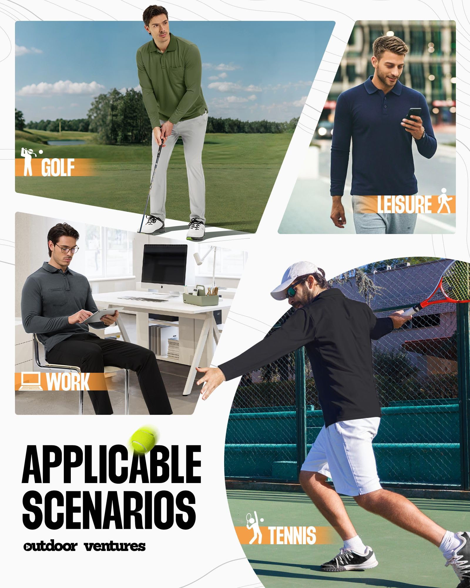 Outdoor Ventures Polo à manches longues pour homme - Protection solaire UPF50+ - Protection UV - T-shirt de golf - T-shirt de sport pour homme - Léger et respirant - Polo décontracté pour le tennis