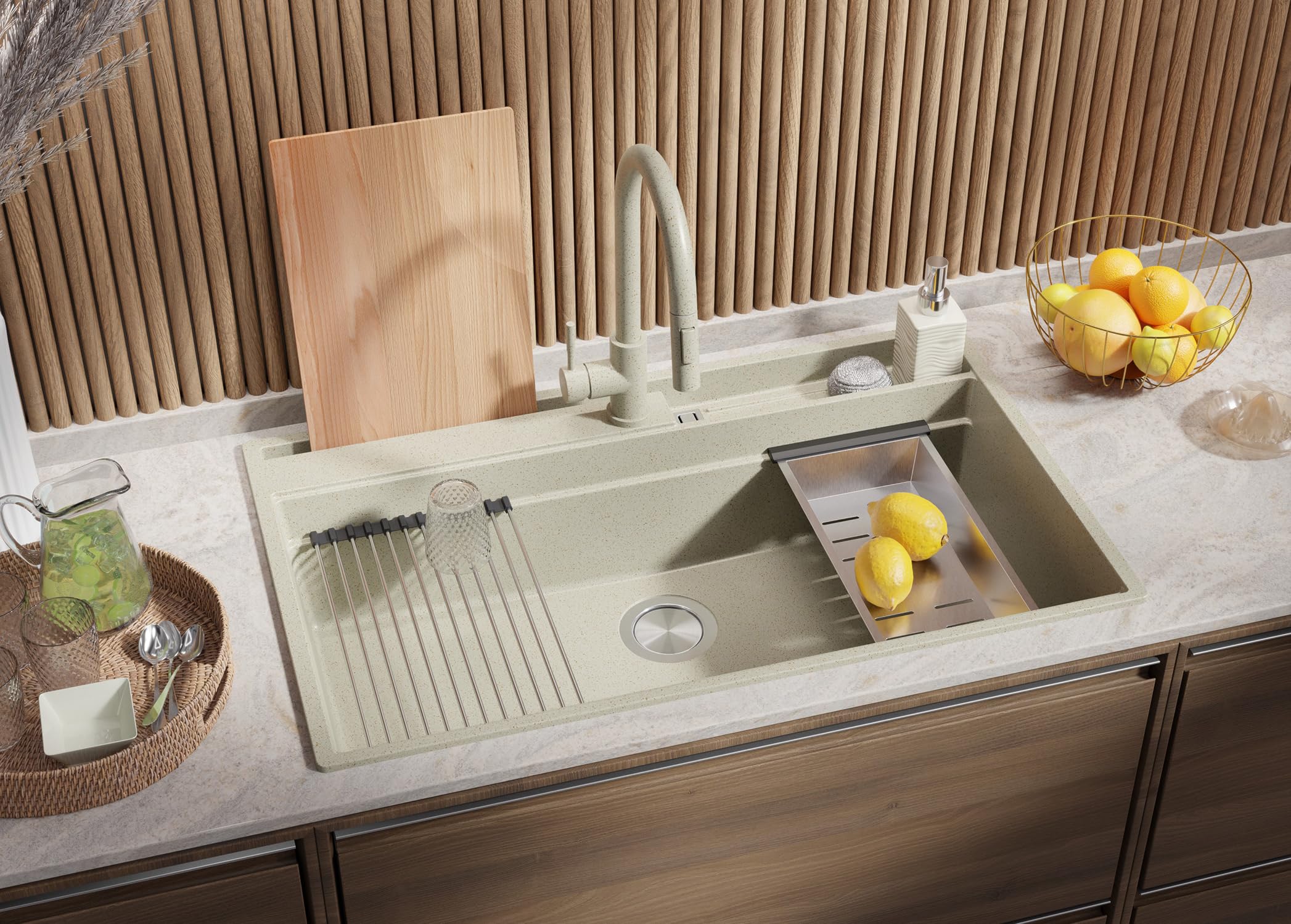 PRIMAGRAN Evier Cuisine en Granit au Meuble 90cm + Kit de Vidage, 88x53cm