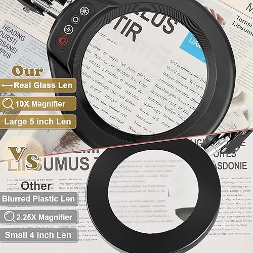 Miniatura 4 de VEEMAGNI Lupa grande de 5 pulgadas con luz y soporte, 5 modos de color regulable continuo, lámpara de escritorio con abrazadera LED de brazo