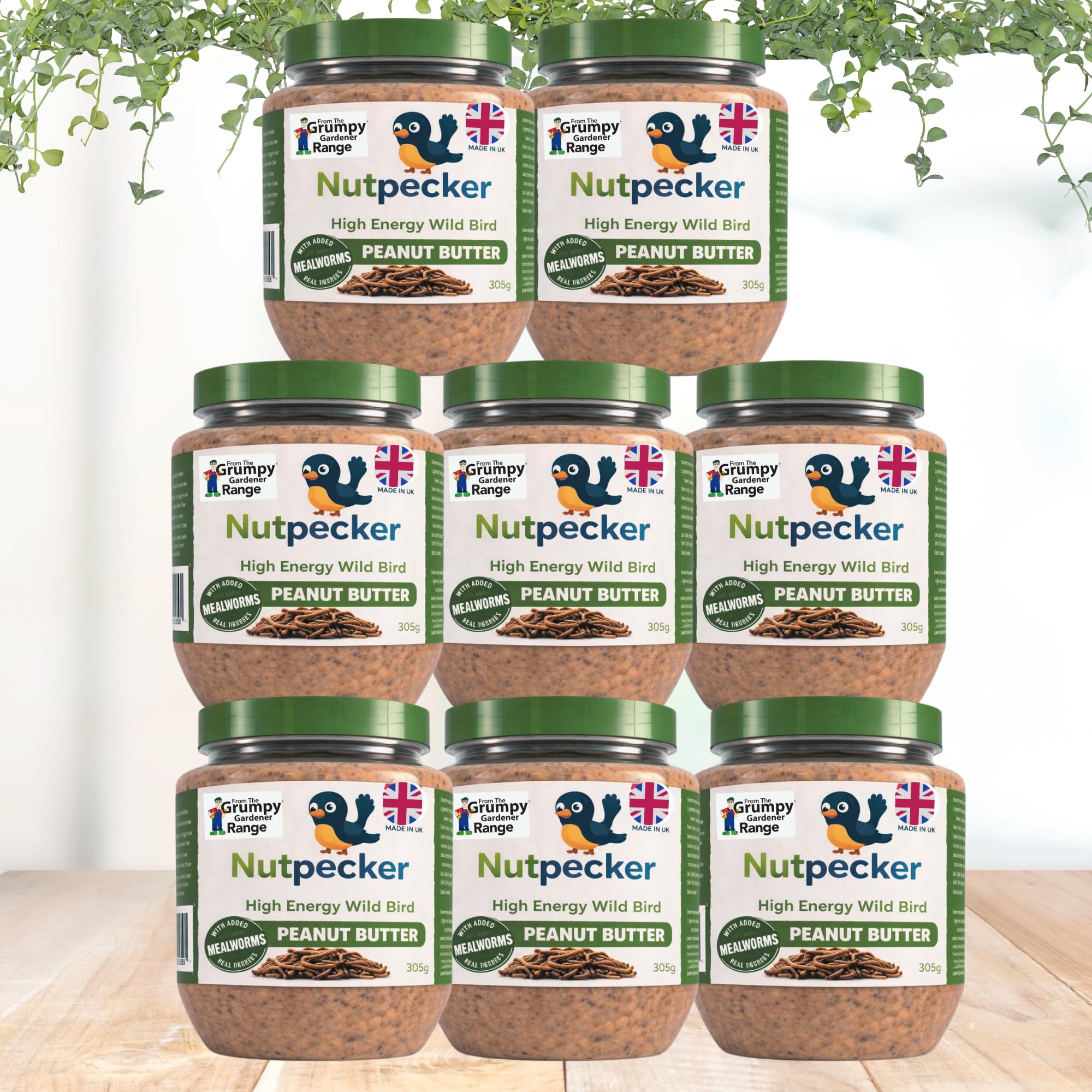 Grumpy Gardener NutPecker Peanut Butter Bird Food for Wild Birds - Mealworms Nutrient-Rich Suet Bird Feeding Nourishment, High-Energy Made in the UK Wild Bird Food | Mealworms Flavor 8 x 330g each