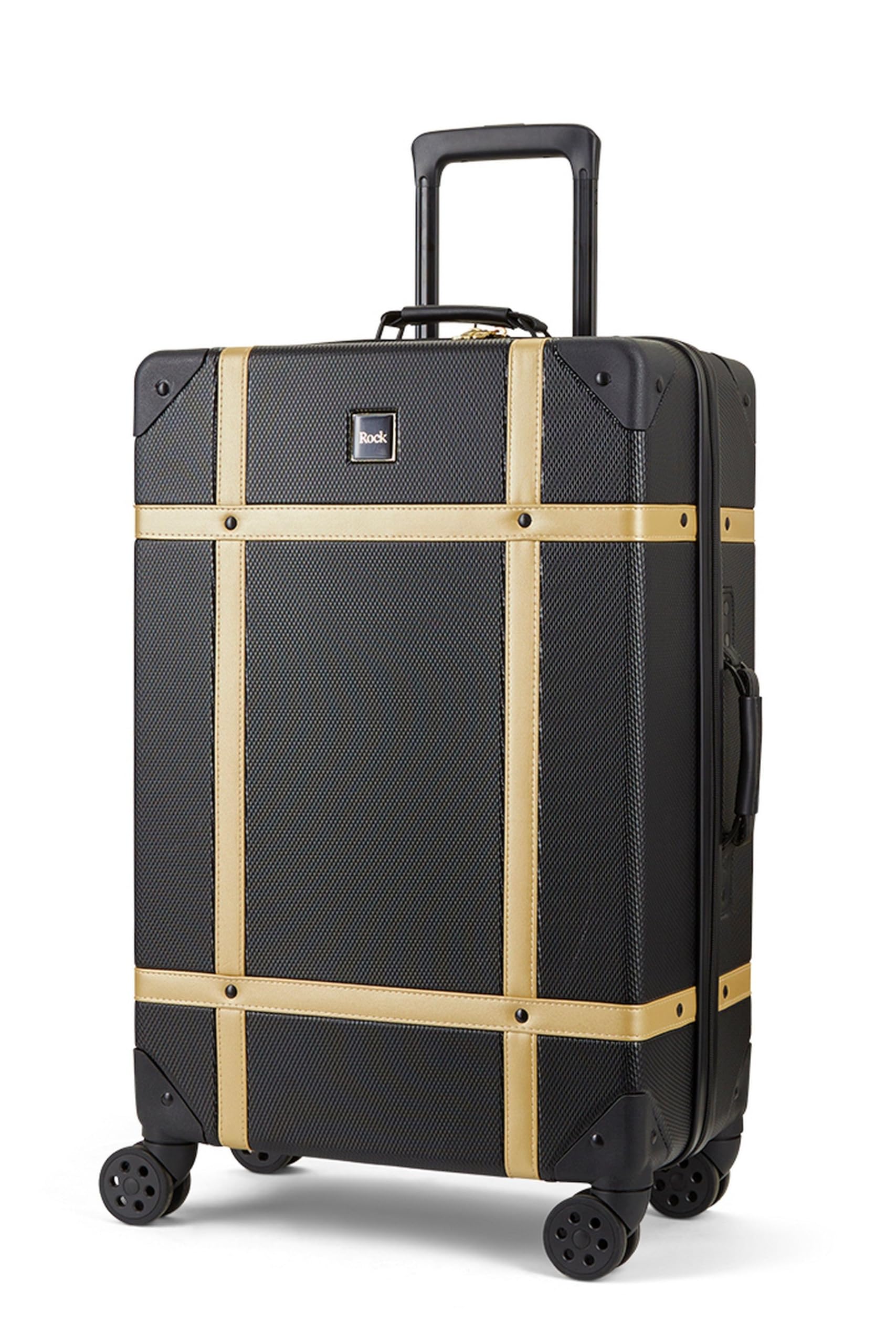 RockVintage Medium Hard Shell Hold Suitcase in Black/Gold - Nostalgic Design, Dual 360 Swivel-Wheels, Telescopic Handle, Impact-Resistant Material & TSA Combination Lock - 67 x 41 x 26 cm 4.1KG