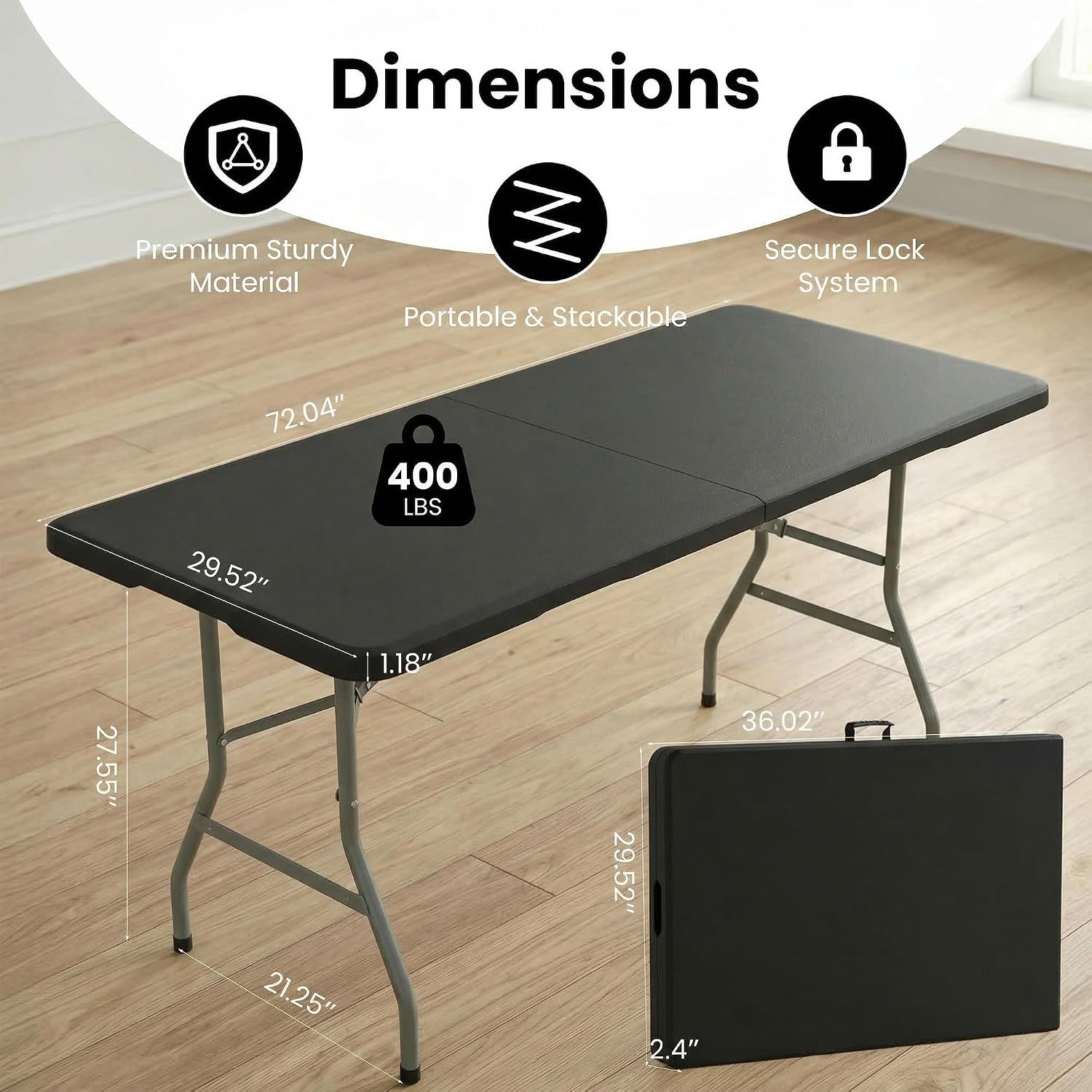 6 Foot Foldable Table with Built in Handle & Steel Legs, 6FT Portable Heavy Duty Plastic Folding Tables for Parties, Dining, Wedding, Events, Picnic, Indoor & Outdoor, Camping, Utility