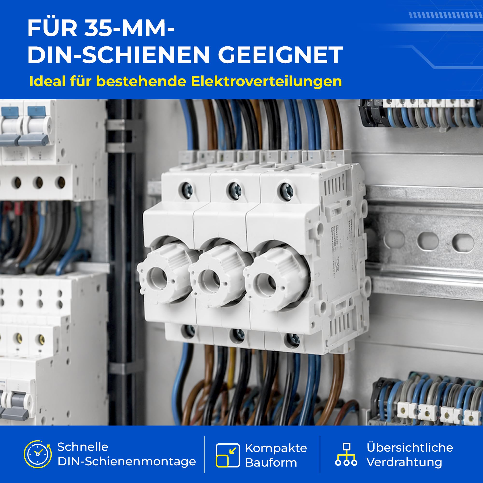 grenda-hammer® | Neozed Sicherungssockel mit Schraubkappen und 3x Schmelzsicherungen (D02-3x63 Ampère (kupfer))