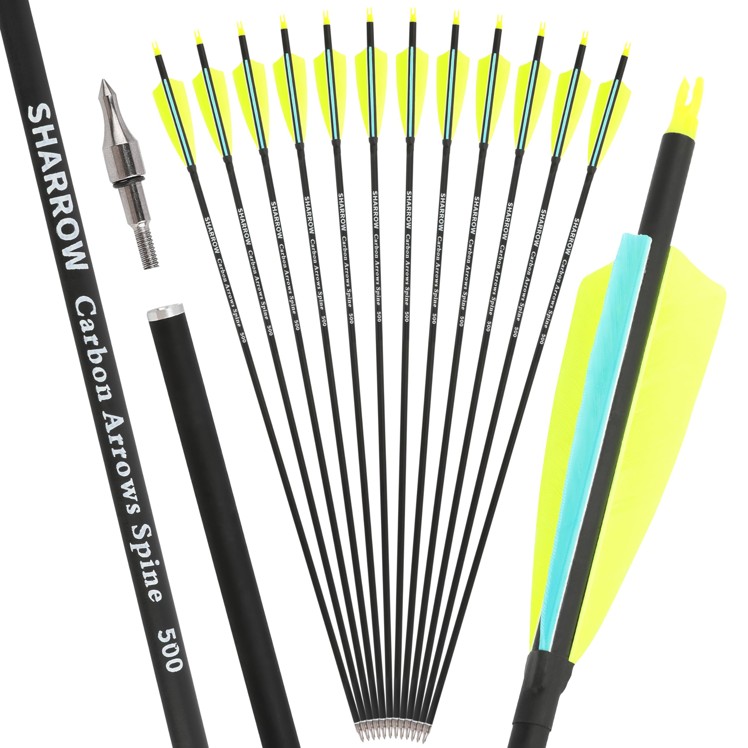 SHARROW 32 Zoll Carbon Pfeile für Bogenschießen Spine 500 Kohlenstoffpfeil Jagd Bogen Pfeile Jagdpfeile mit 4 Zoll Natürliche Federn für Pfeil Und Bogen Recurvebogen Compoundbogen