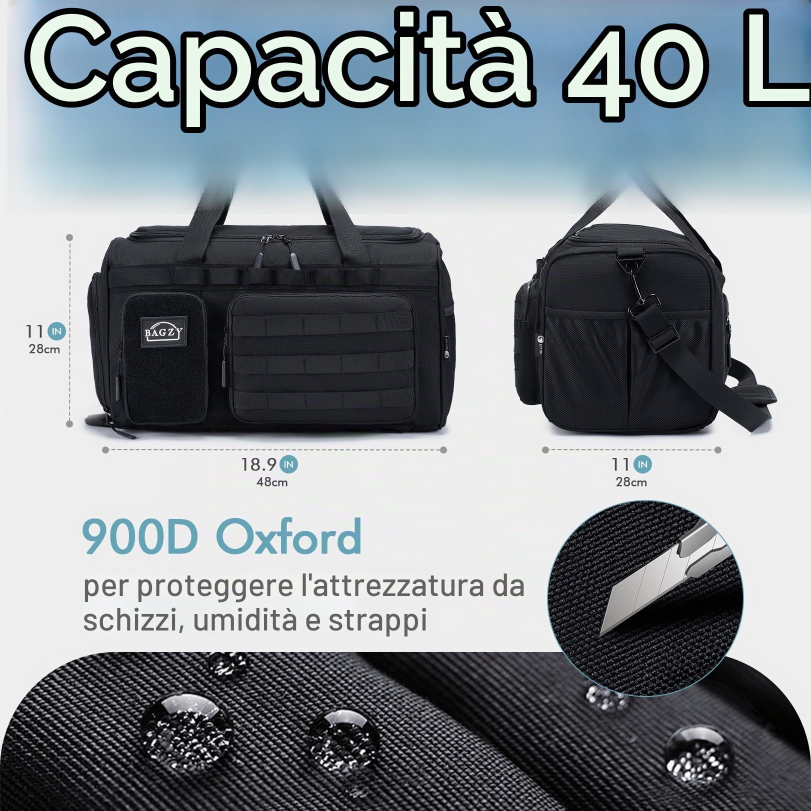 BAGZY 3 in 1 Borsone Palestra Uomo Impermeabile 40 Litri Borsa Sportiva Donna Borsone da Viaggio Tattica Militare Con Scomparto per Scarpe per Fitness Weekender Camping Con Borsa per Toilette Nero
