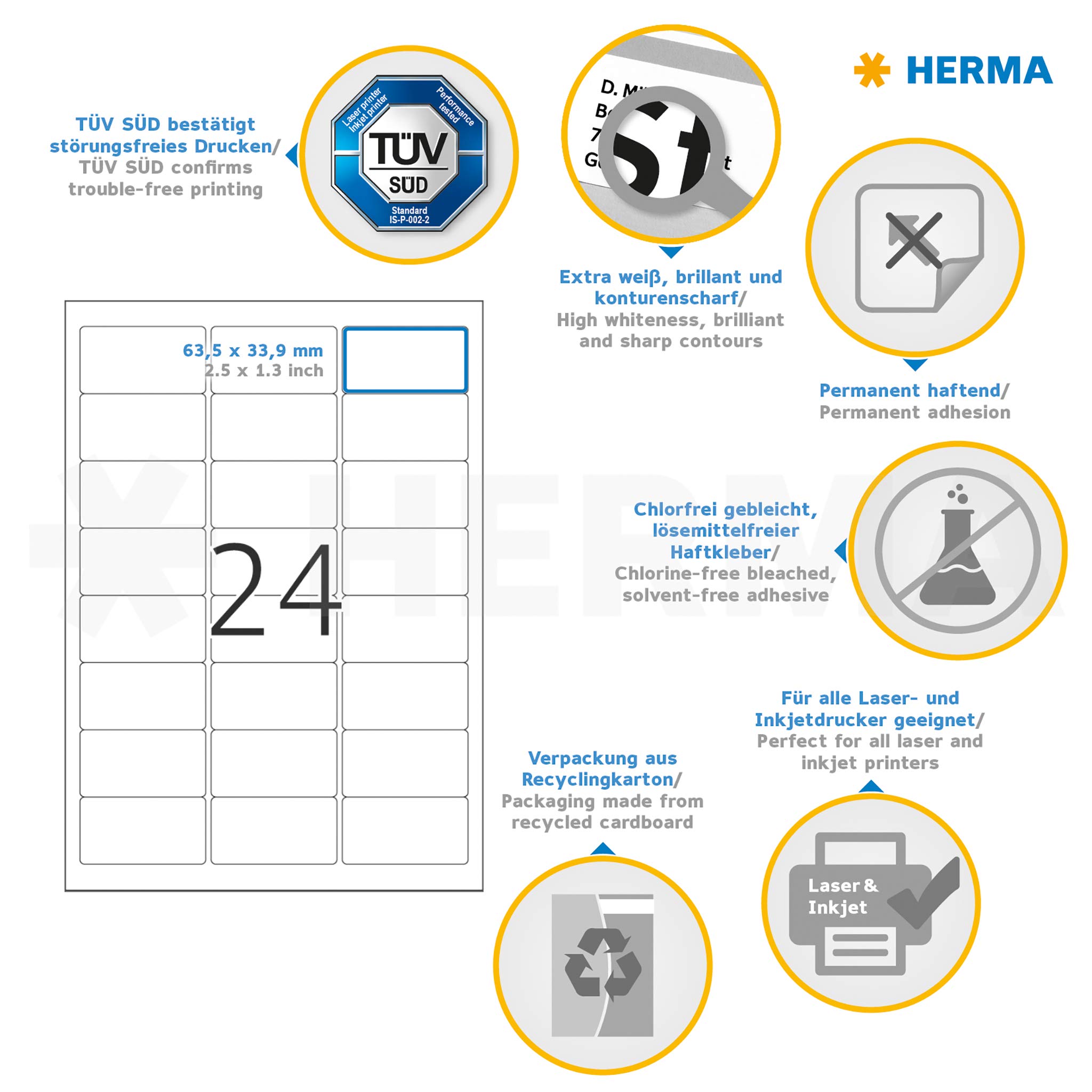 HERMA Etichette Indirizzi A4 - 63,5x33,9 Mm, Bianche, Adesivo Permanente, 24 Per Foglio, Per Stampante - Foto 10