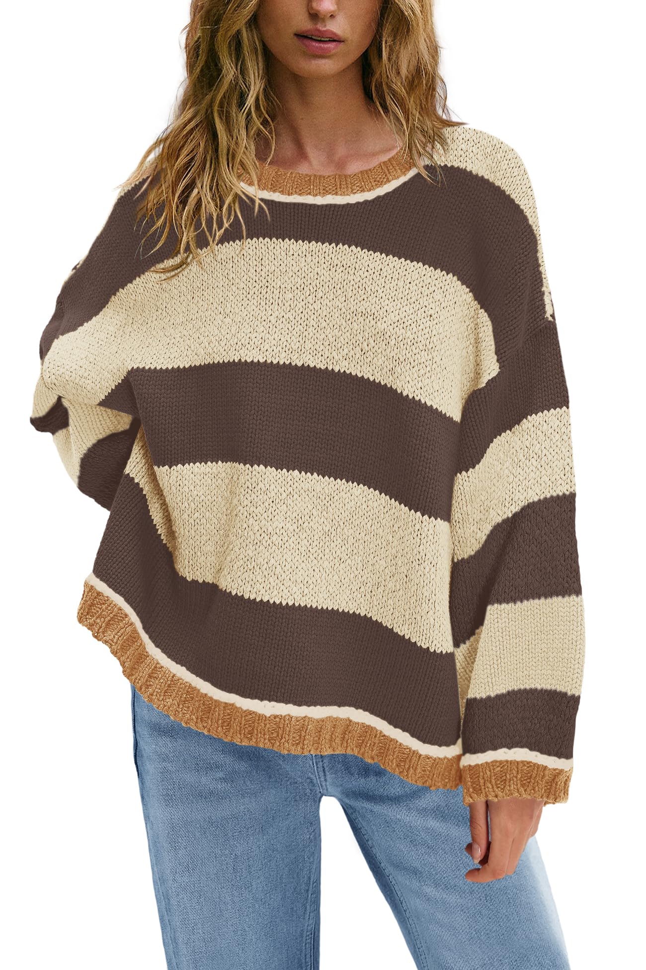 Womens Oversized Sweater Colorblock Striped Sweater Chunky Cable Knit Crewneck Pullover Tops-image-12