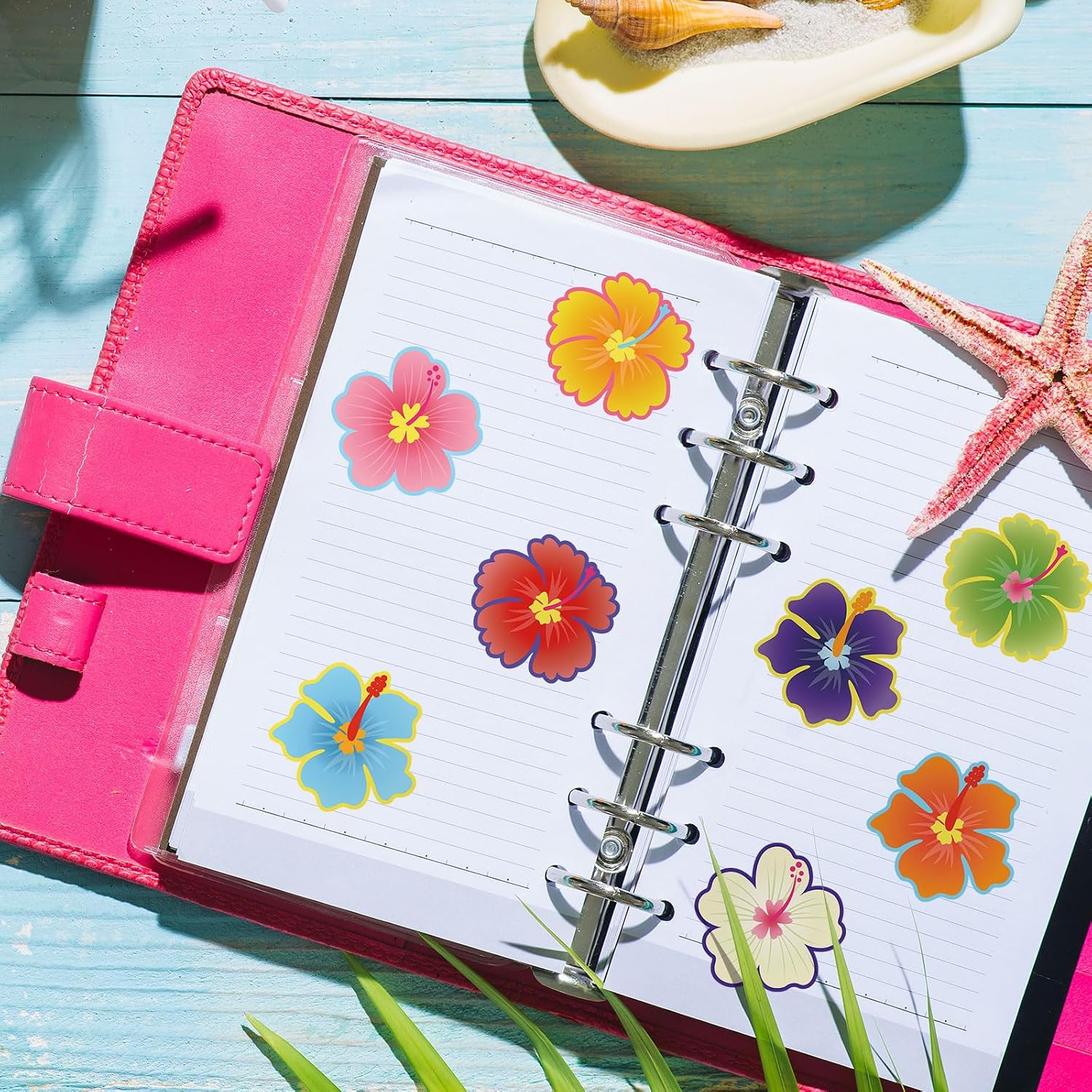 Whaline 1000Pcs Hawaiian Tropical Luau Stickers Summer Hibiscus Sticker Self Adhesive Aloha Floral Stickers Roll Colorful Flowers Label Sticker Decal for Envelope Card Rewards Party Favors, 8 Designs