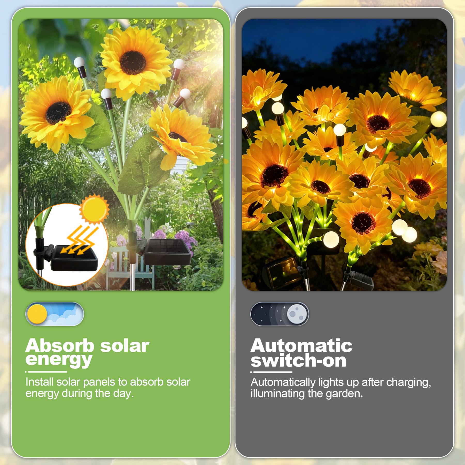 VEEKAY Luci Solari da Giardino,4 Pezzi Girasole Luce Solare Esterno, Luce Solare LED Esterno,IP65 Impermeabile Lampade Solari da Giardino,per Patio,Prato