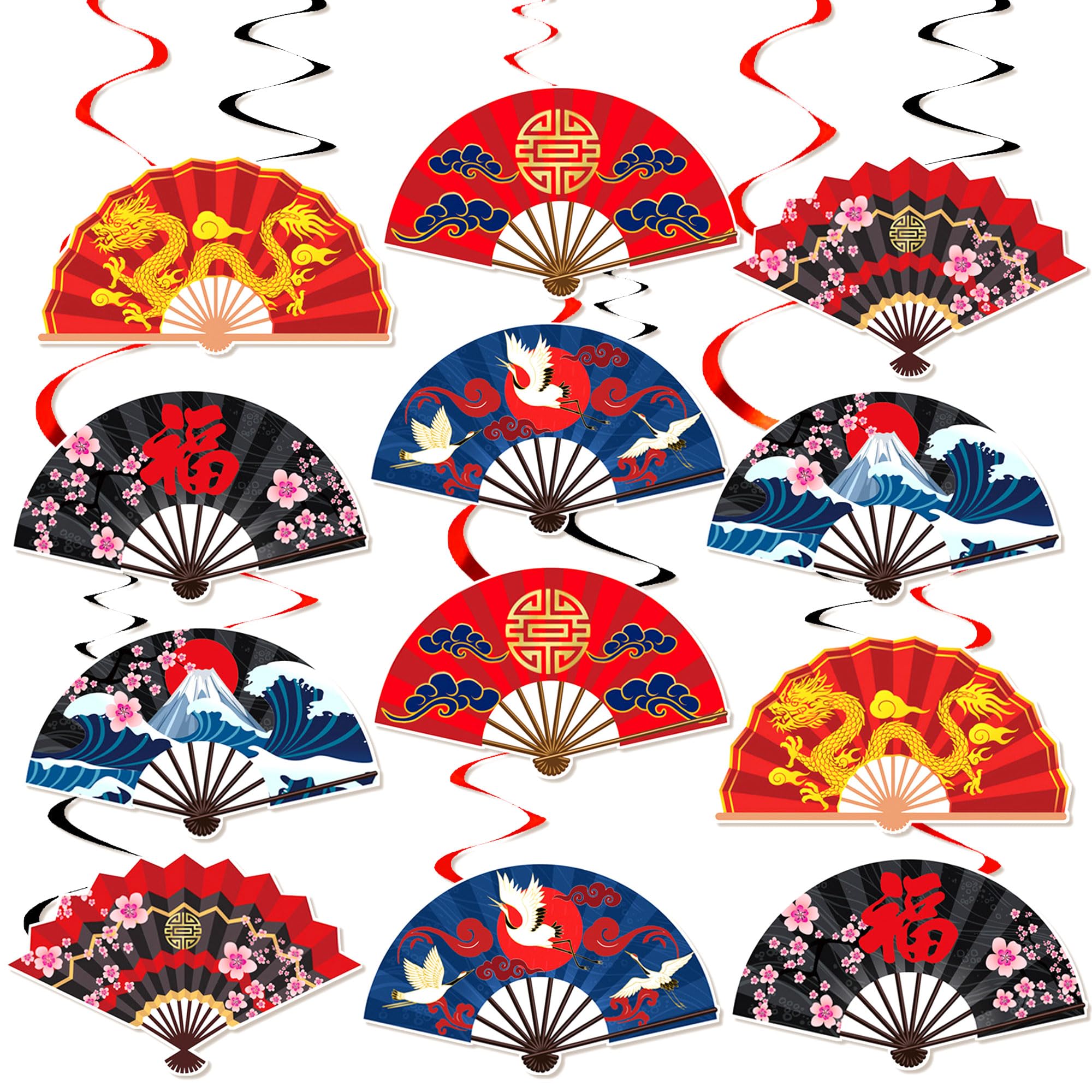 12 PCS Fans Party Decorations Folding Fans Spiral Decoration banner- Birthday Party Supplies Includes Chinese, Japanese Fans For Chinese,Japanese Themed Party