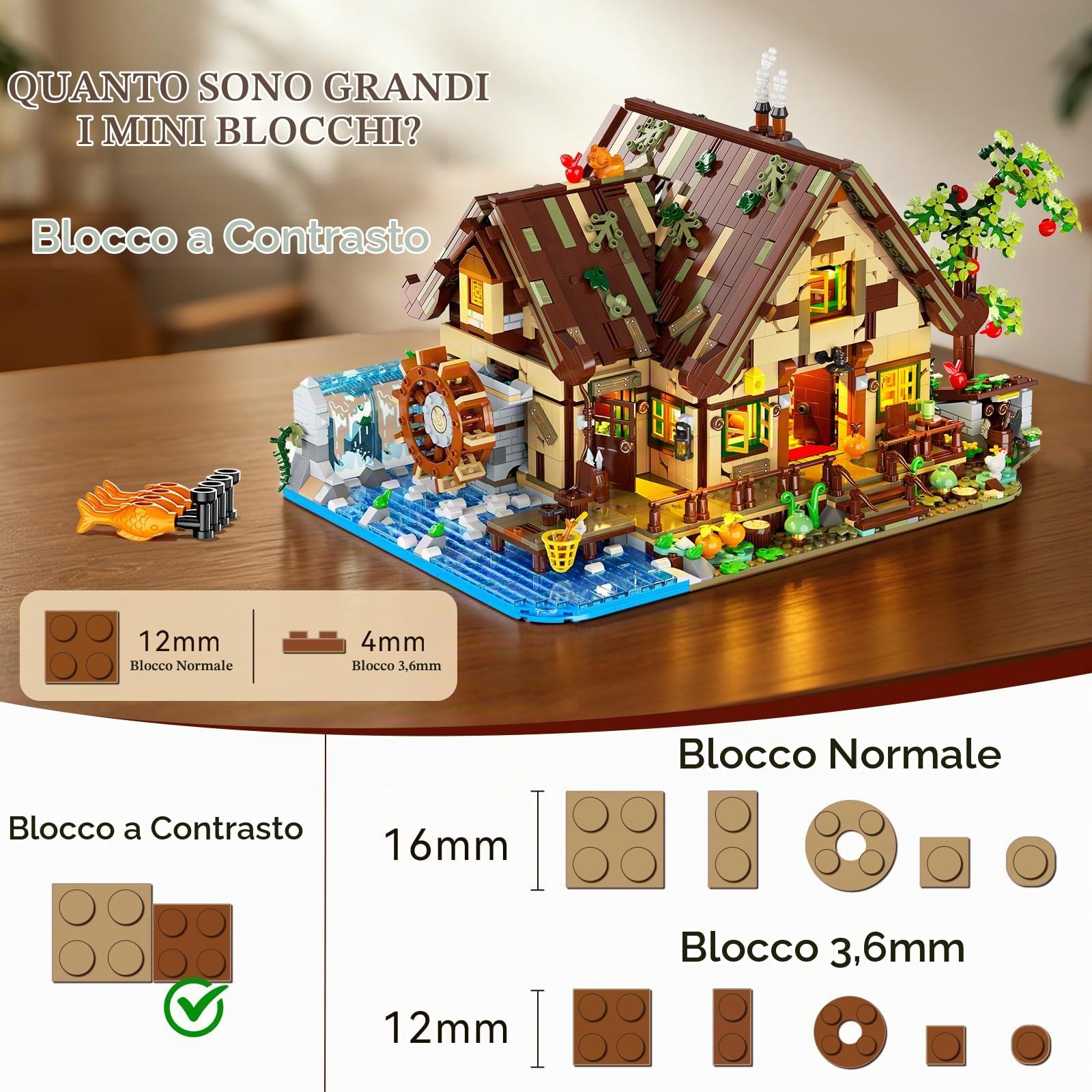 INSOON Casetta in legno con luce, 2592 pezzi, mini mattoncini con ruota ad acqua, per adulti, bambini, ragazzi e ragazze