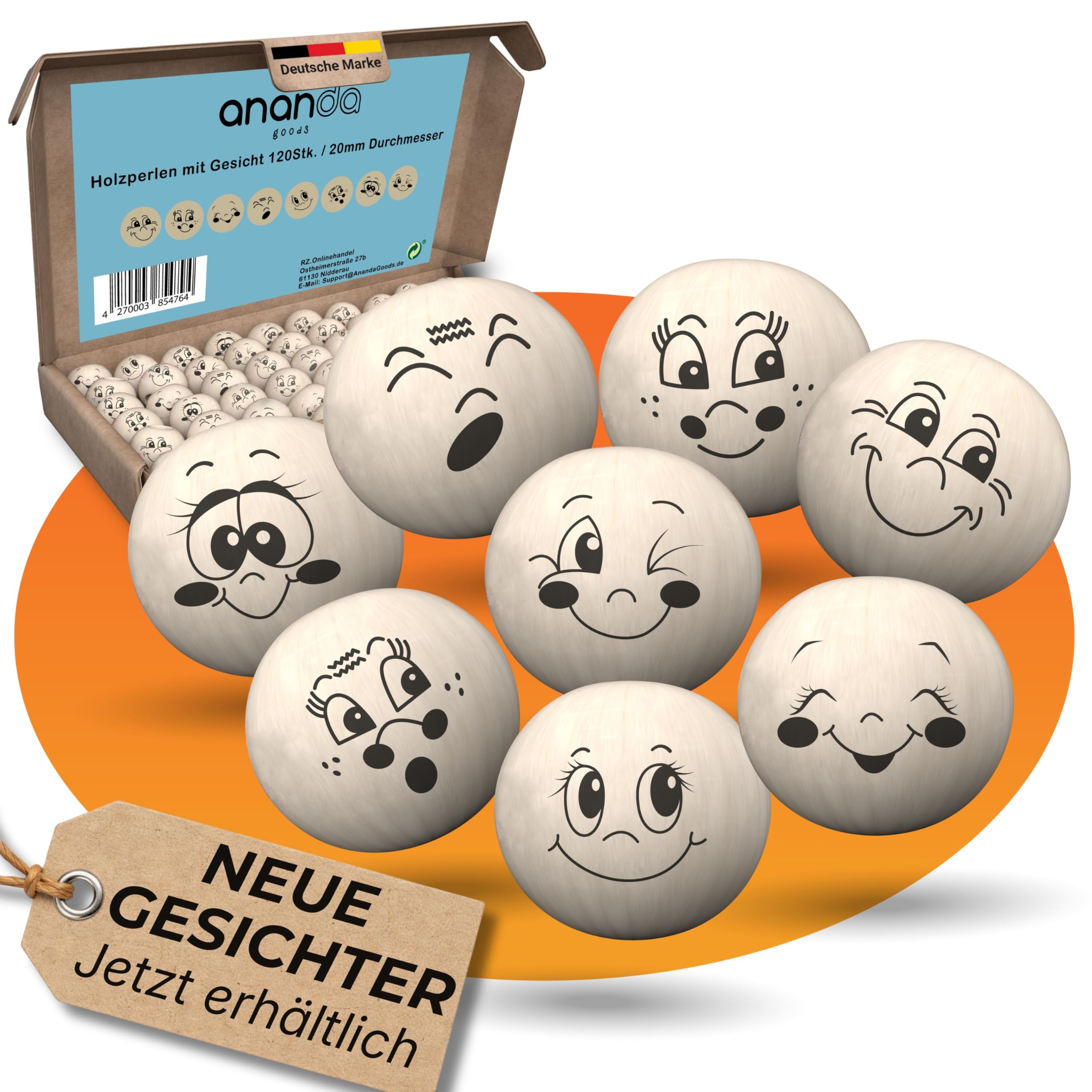 Ananda Goods 120 Holzperlen mit Gesicht – 20mm Holzkugeln mit 8 süßen Gesichtern – perfekt für Sorgenwürmchen, Glückswürmchen, DIY Schlüsselanhänger, Dekoration & kreative Geschenkideen