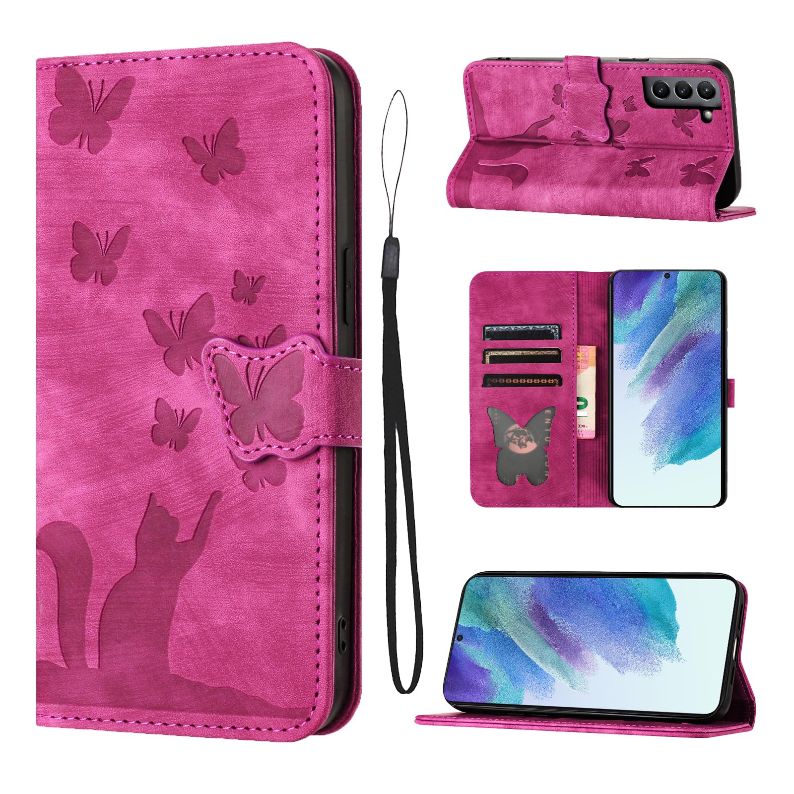 LSPCASA Klappschutzhülle Für Samsung Galaxy S21 FE 5G 6.4 Standfunktion Samsung Galaxy S21 FE Hülle Mit Kartenfächern Samsung S21 FE Hülle Katzen Schmetterlingsmuster Lederhülle Rosa