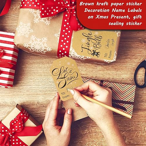 Miniatura 4 de PETOX 300 etiquetas adhesivas de papel kraft marrón para regalo de Navidad, 6 diseños, etiquetas autoadhesivas de 2 x 3 pulgadas para bolsas de