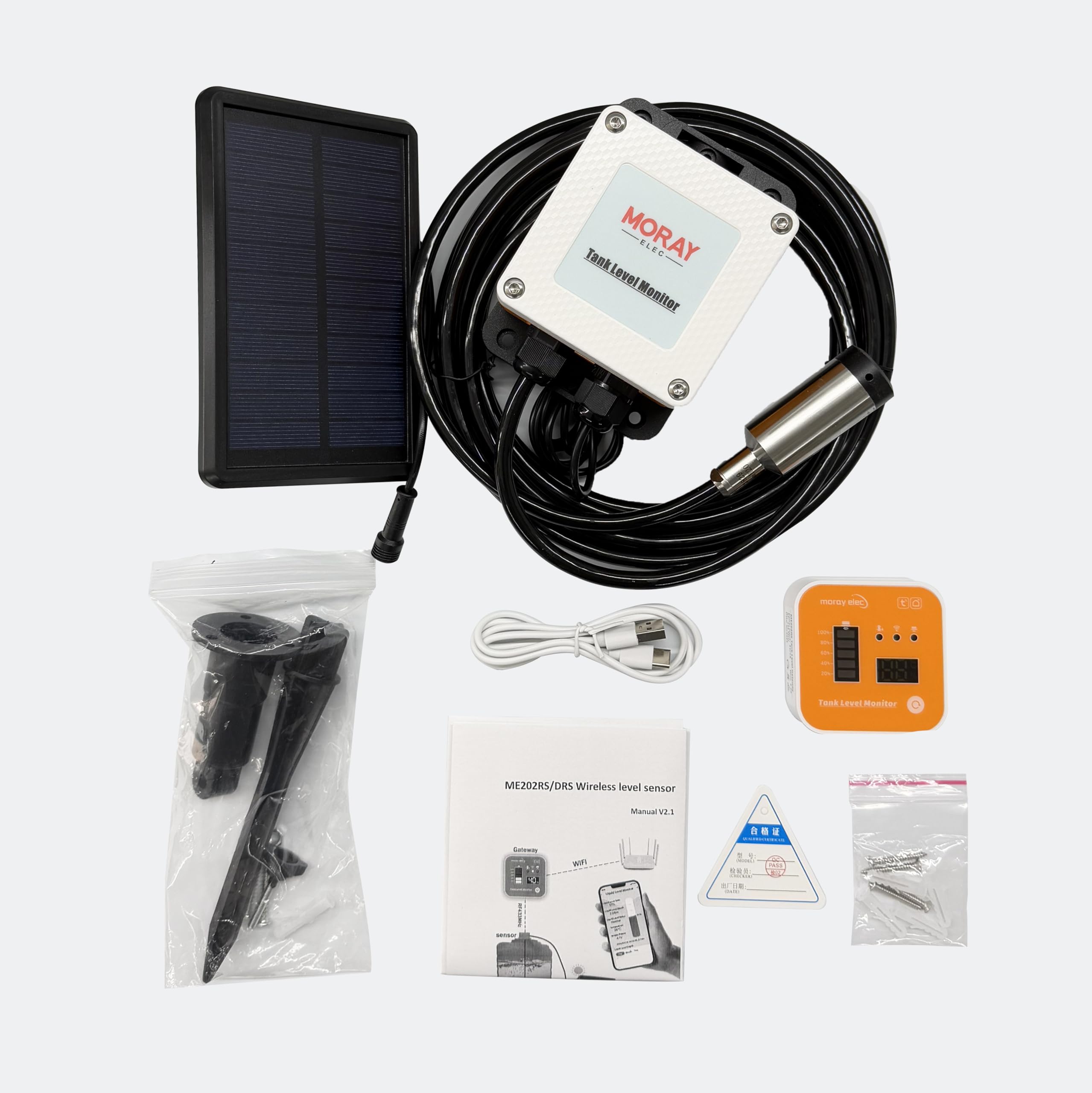 Moray Smart WiFi Wasserstandssensor Wassertank Füllstandsmesser Wasserstandssender LCD-Bildschirm Automatische Alarmanzeige für Tuya Mobile APPSolar Gateway Smart Home Fernbedienung IP67 Wasserdicht