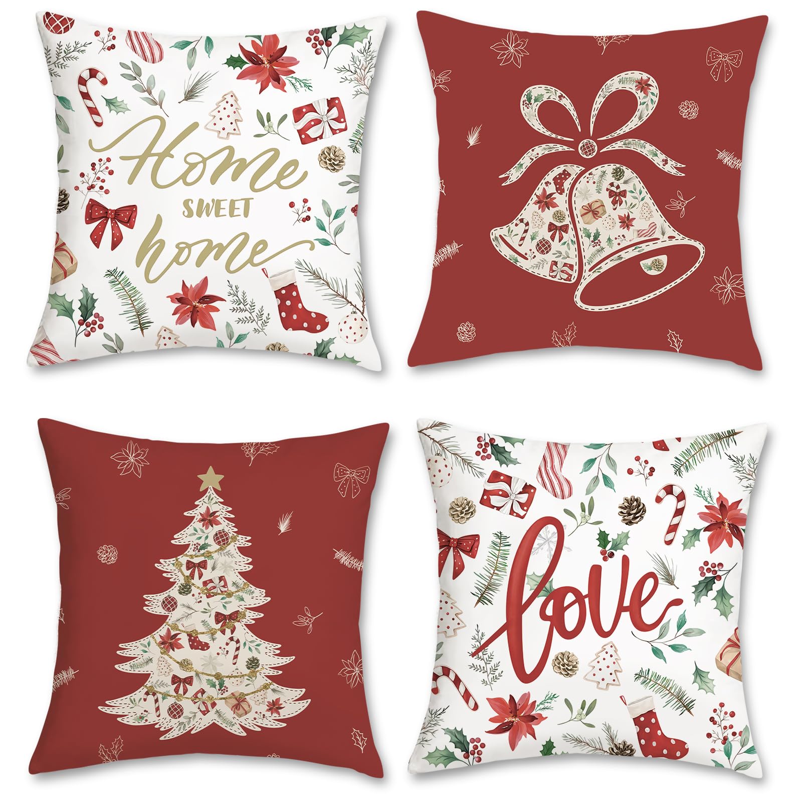 Bonhause Fundas Cojines Navidad Rojo 45 x 45 cm Funda de Almohada Hojas Flores Campana Árbol de Navidad Cojines Decorativos para Sofá Cama Hogar Vacaciones Invierno Juego de 4