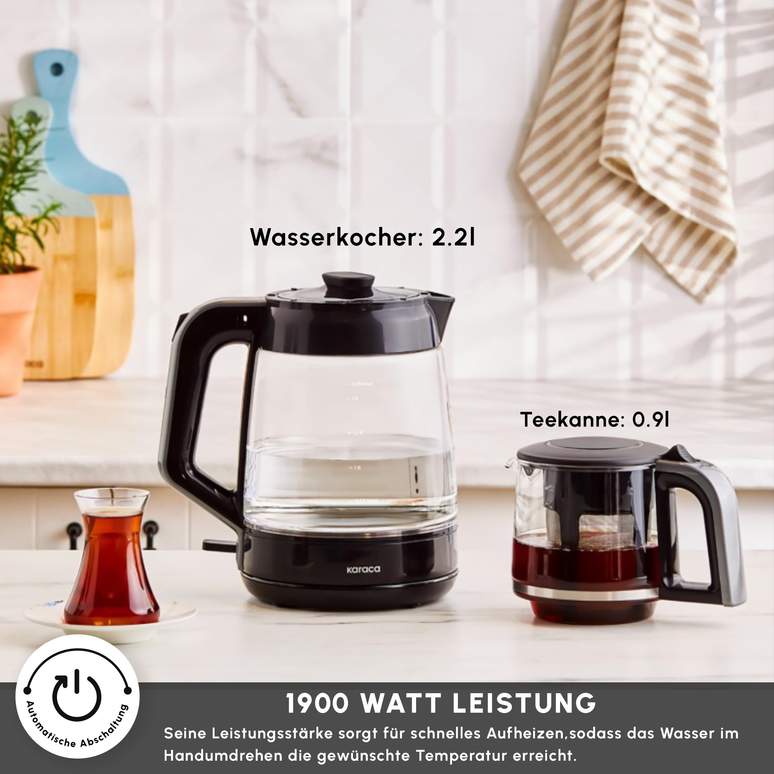 Karaca Glass Tea XL 2 in 1 Glas-Teemaschine & Wasserkocher Shiny Black, 0,9L Teekapazität & 2,2L Wasserkapazität, energieeffizient, automatische Warmhaltefunktion, 360° drehbare Basis, LED-Anzeige