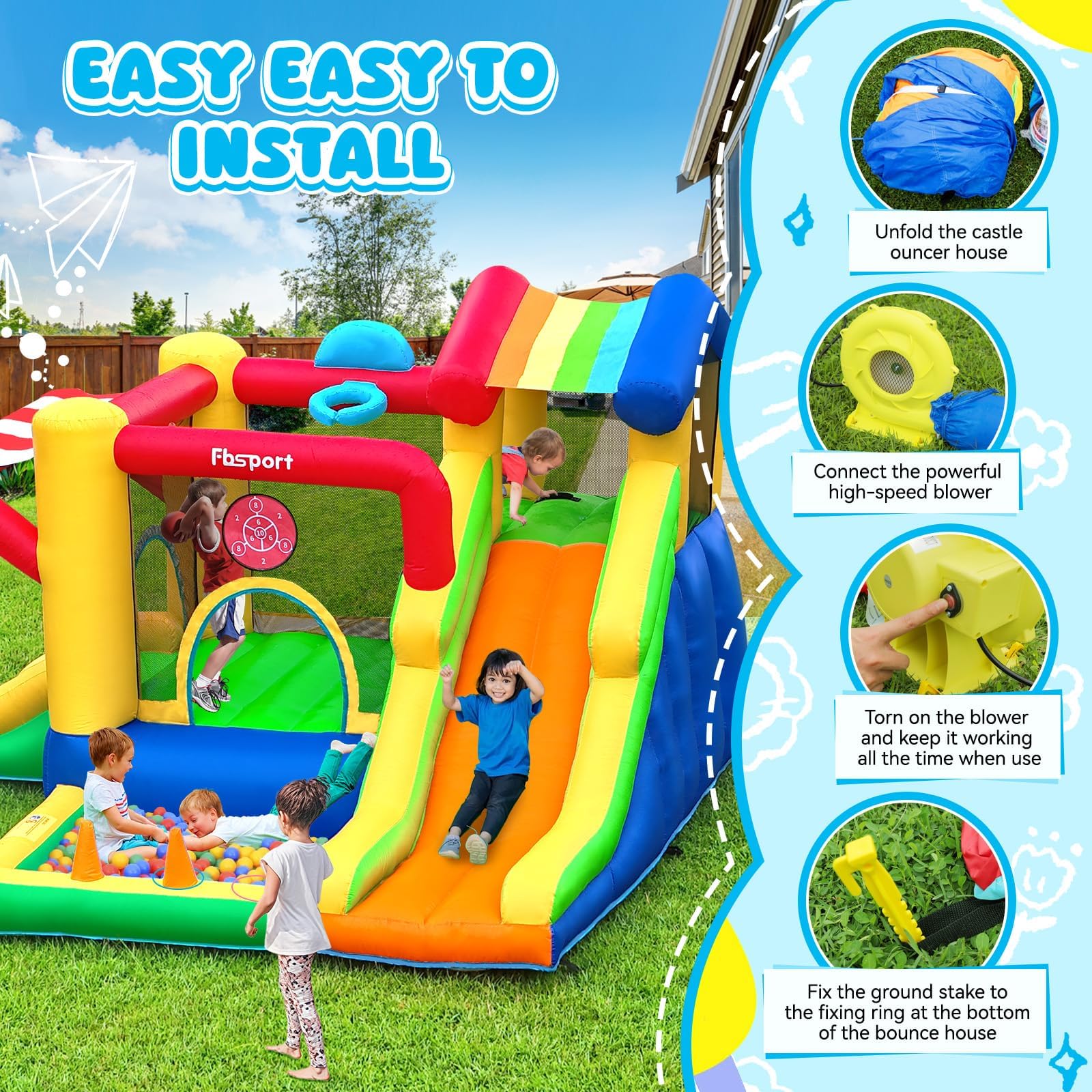 FBSPORT Hüpfburg Kinder Indoor Outdoor mit Doppelrutsche, Trampolin, Bällebad, Kletterwand, Fußballtor und Basketballkorb, Belastbar bis 135 kg, 322 × 305 × 208 cm