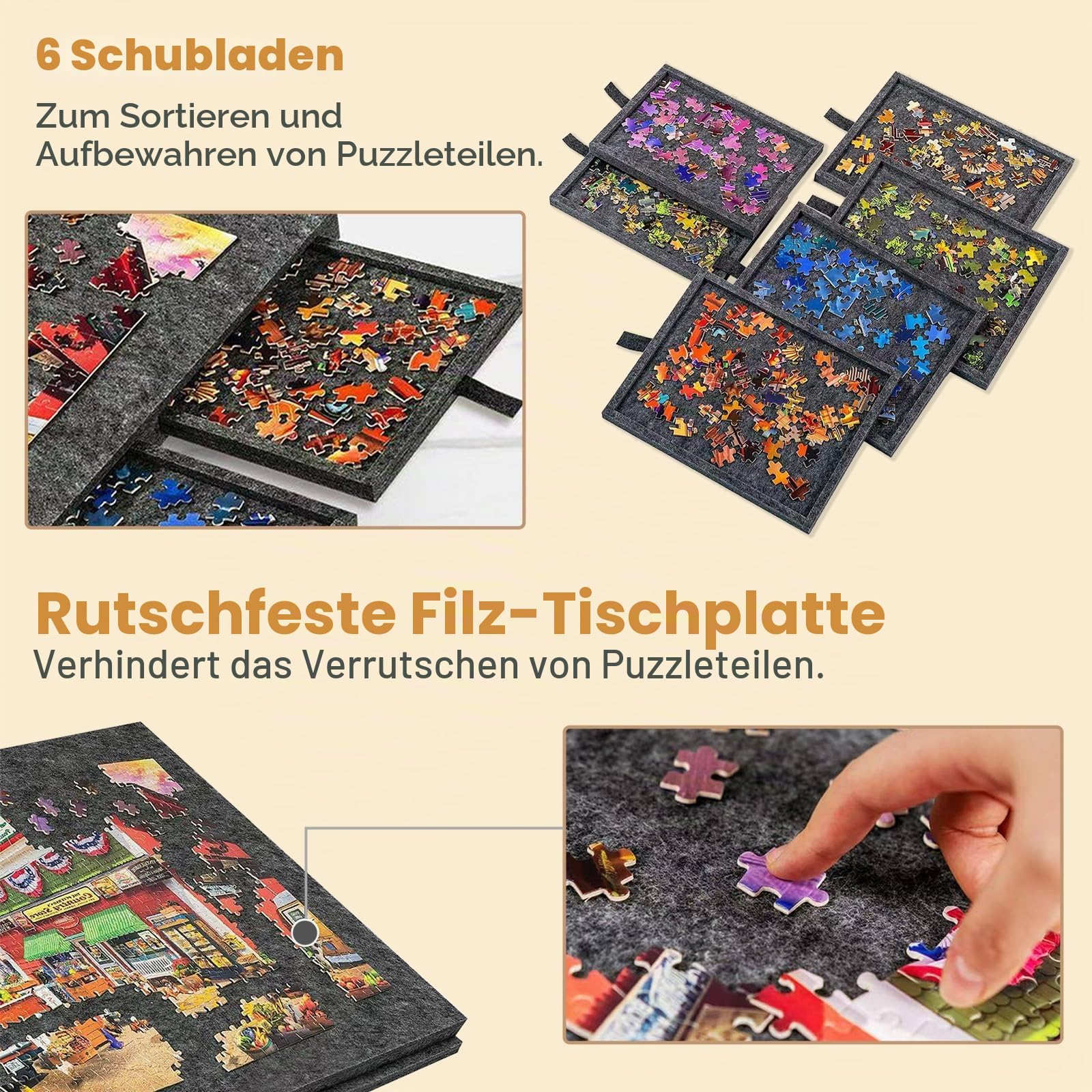 Puzzlebrett 2-in-1 mit 6 Sortierschubladen, Filz-Puzzletisch, Tragbarer Puzzle-Ständer mit Schutzhülle, Leicht und Stabil, für 1000 Teile