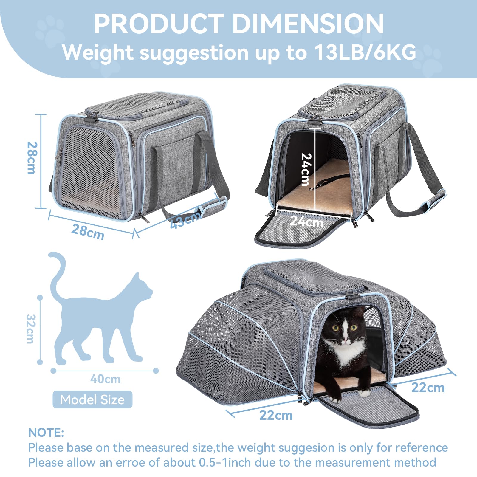 Petsfit Faltbarer Transporttasche Katze und Hund,erweiterbare Katzentransportbox mit Schultergurt Hundetragetasche Flugtasche Oxford Gewebe für Katze und Hund, M/Grau/Doppelseitig