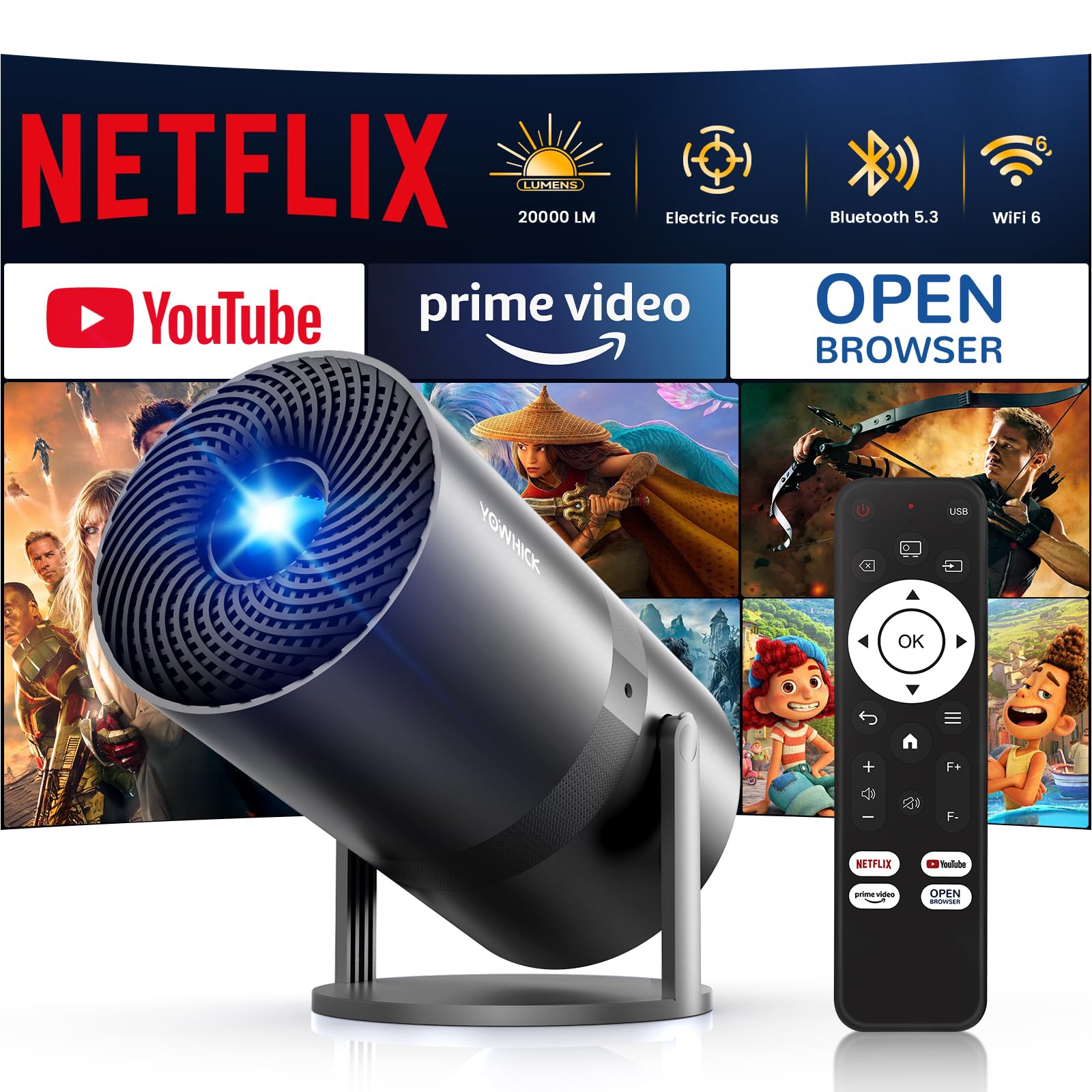 [/Electric Focus]Mini Projector with WiFi and Bluetooth - 1080P 4K Support Portable Outdoor Projector,YOWHICK 270°Smart Projector for Movie Night/Ceiling /Home Theater (Black)
