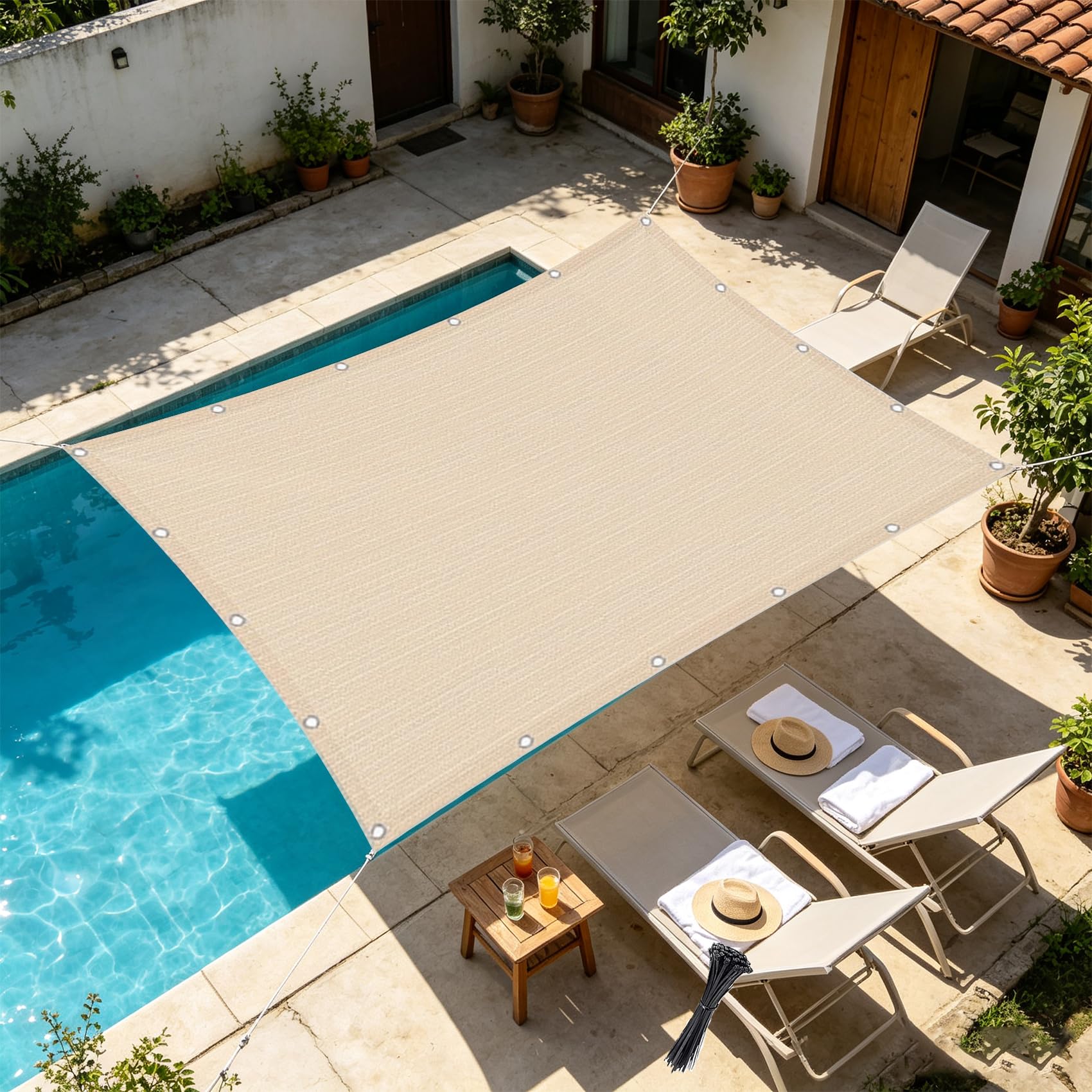 Toile d'ombrage 5.6 x 7 m HDPE 95% Anti-UV Résistant Aux Intempéries, Facile à Suspendre Vent, Voile d'ombrage de Jardin avec Œillets pour Extérieur Patio Serre, Couleur Crème