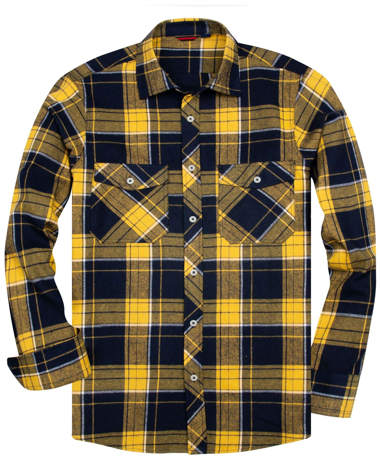 siliteelon Flannel Shirt Men Cotton Country Checked Men's Shirt Yellow Regular fit Plaid Shirt Casual Lumberjack Shirt for Men Western Work