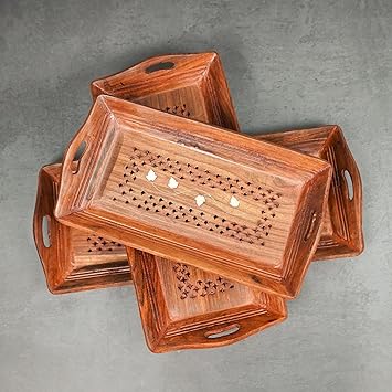 Majestic Mart Wooden Serving Tray Set of 3 (Large, Medium and Small) with Brass Work, Serving Platters and Trays for Party, Food and Tea Wooden Decorative Trays for Coffee Table, Brown, Rectangular