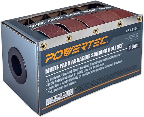 POWERTEC 4RA2100 - Rollos de lijado abrasivos en caja para automocióncarpintería, caja dispensadora de papel de lija con 5 rollos para lijar,
