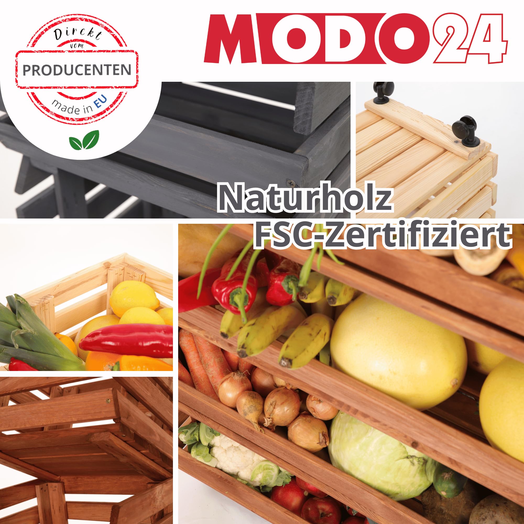 Modular Holzregal für Gemüse & Obst auf Rollen, Stapelbares Regalsystem aus Kiefernholz, 5 Holzkisten, Kartoffelsteige, Küchenregal, Vorratsregal, Gemüseregal, Abm. 132x37x30 cm, Fargbe: Grau