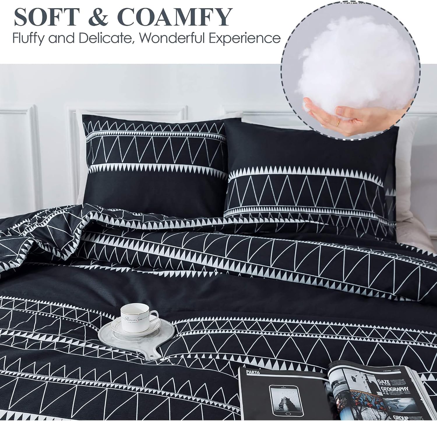Andency Black Comforter Queen, 3 Pieces Bedding Comforter Sets (1 Boho Geometric Striped Comforter & 2 Pillowcases), Black Bohemian Summer Lightweight Microfiber Down Alternative Comforter Set : Home & Kitchen
