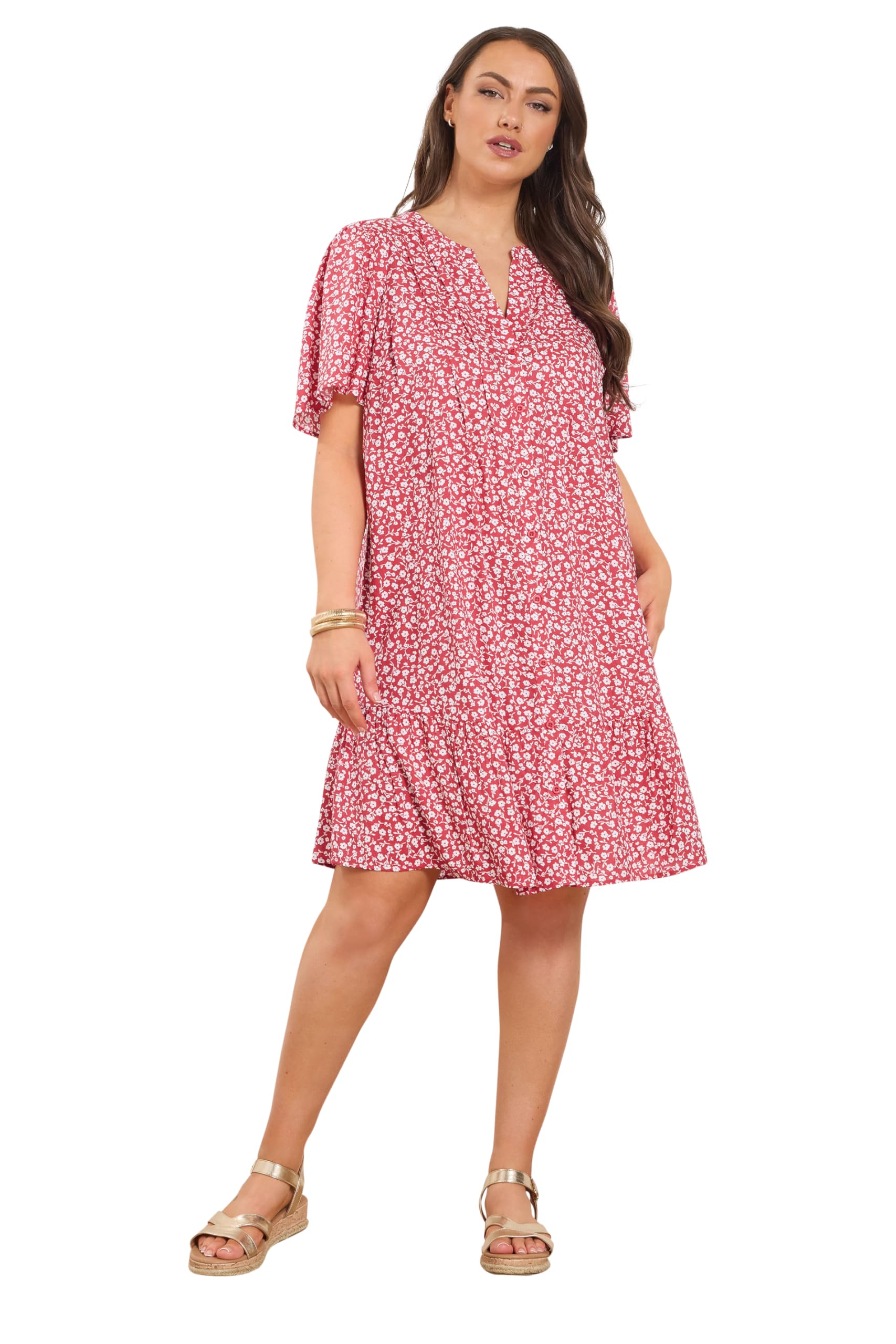 Yours Women's Red Curve Ditsy Floral Smock Dress - Plus Size Curve