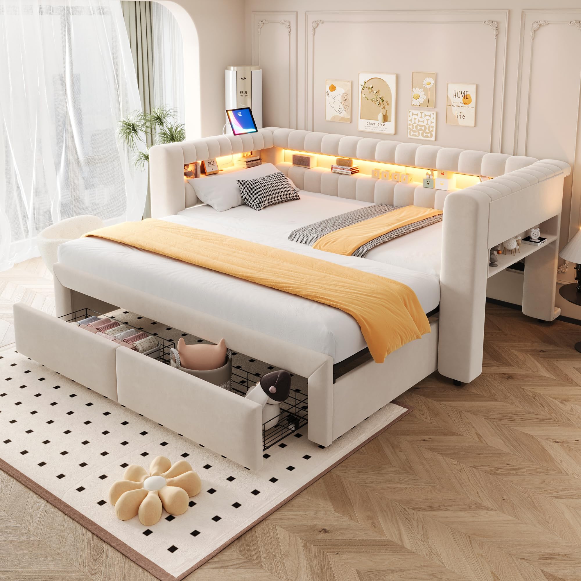 Sapgaks Canapé lit capitonné 90/180x190 cm avec lit gigogne,tiroirs, rangements intégrés,LED,USB et Type-C,Cadre de lit 1/2 Personnes avec sommier à Lattes,Velours,Beige