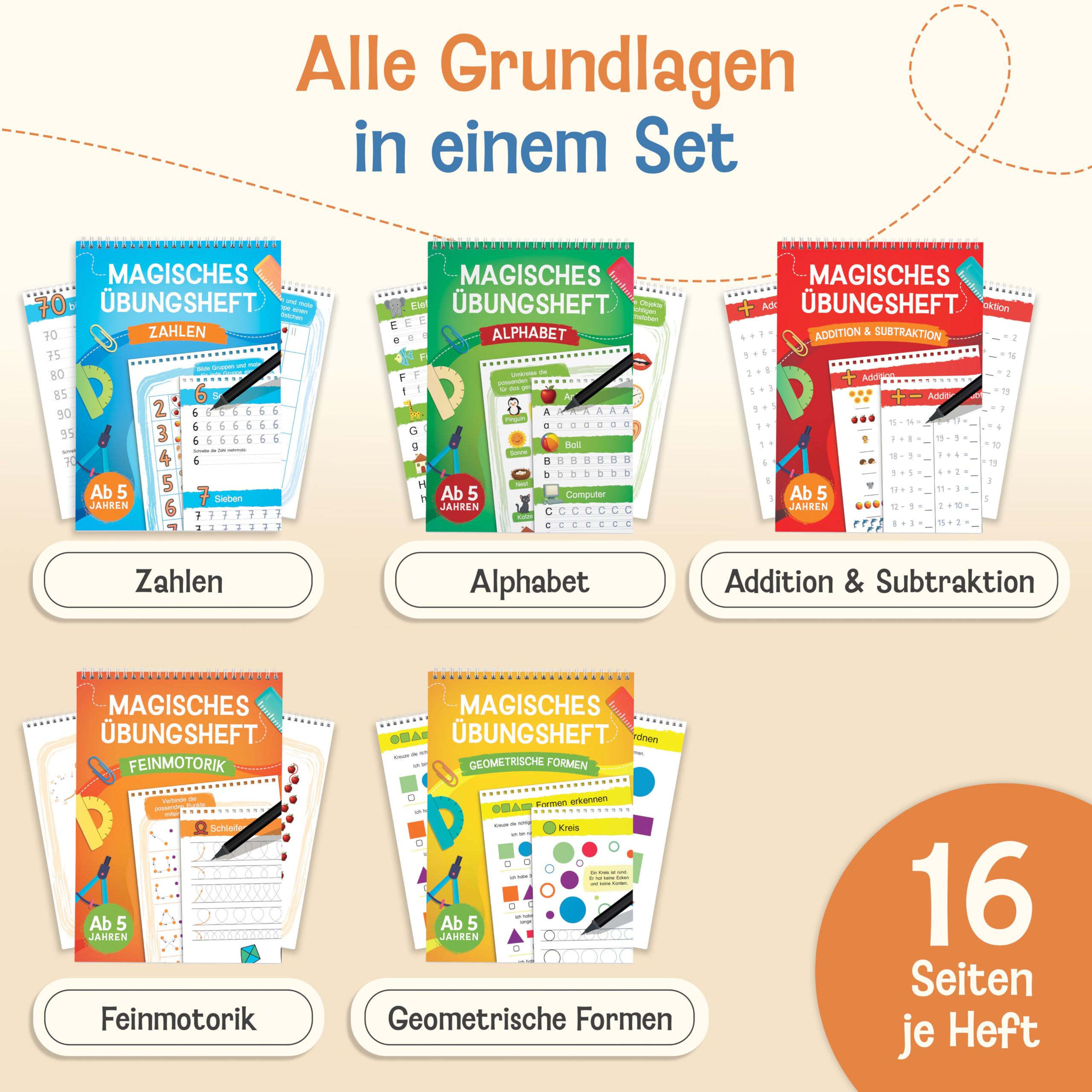 Magische Übungshefte für Vorschule ab 5 Jahren für Mädchen & Jungen - 5 Hefte + Stifte - Wiederverwendbare Vorschulhefte - Buchstaben, Zahlen, Formen und Schreiben lernen - Für Rechts- & Linkshänder