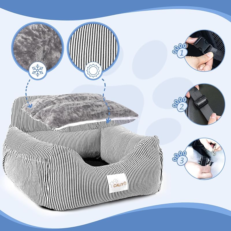 CALIYO Kutya Autóülés Biztonsági Övvel és Stabil Alappal, Kis Kutyáknak 10 kg-ig, Memory Foam Ülőke, Vízálló Mosható Fekete-Fehér