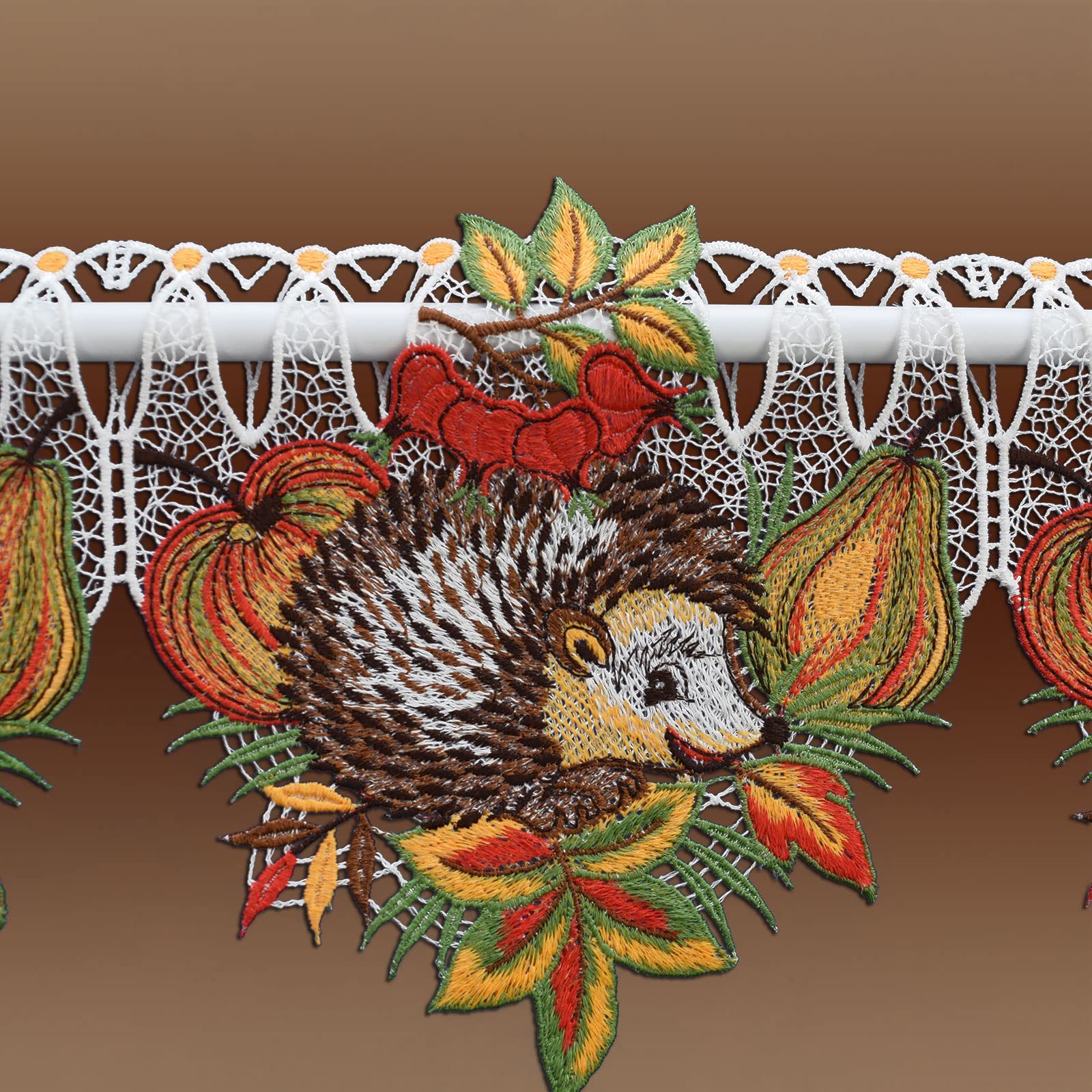 Feenhaus-Scheibengardine Igel mit Herbstlaub Vogtländischer Spitze Stangendeko für den Herbst 17 x 80 cm