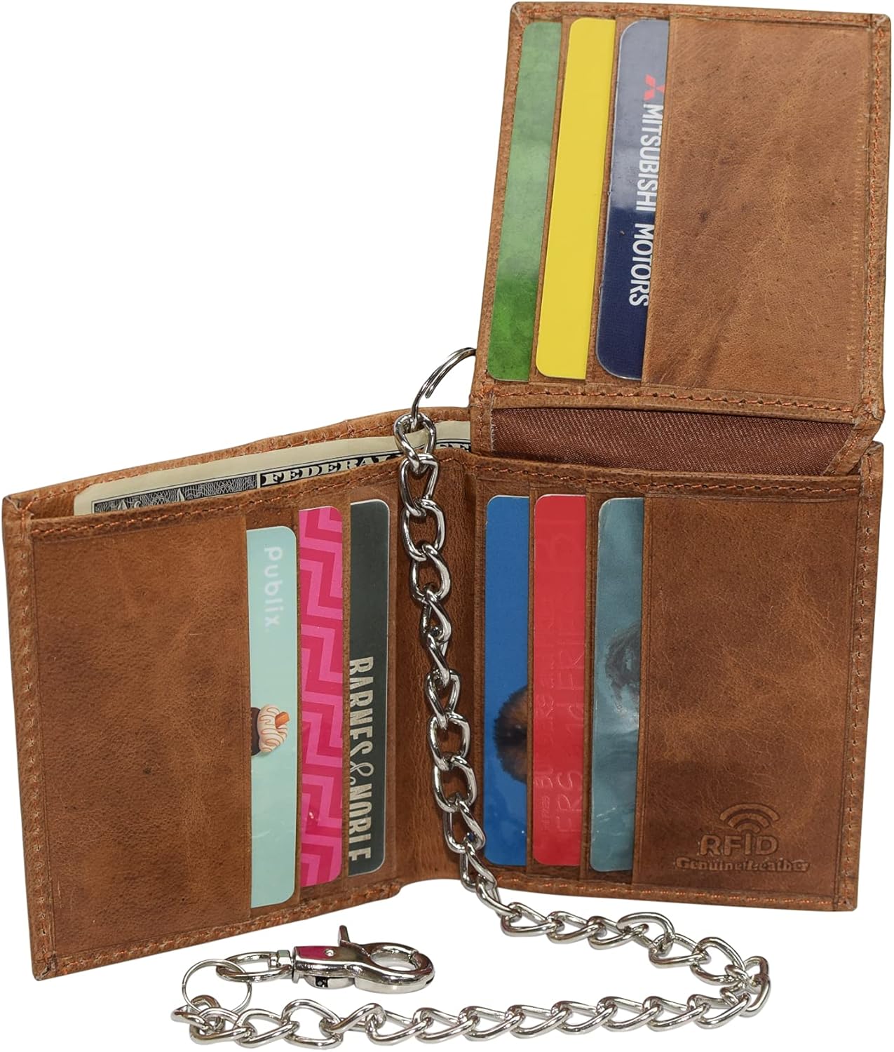 Men's Chain Biker RFID Blocking Genuine Leather L Shape Bifold Wallet USA Series (Tan with Chain)